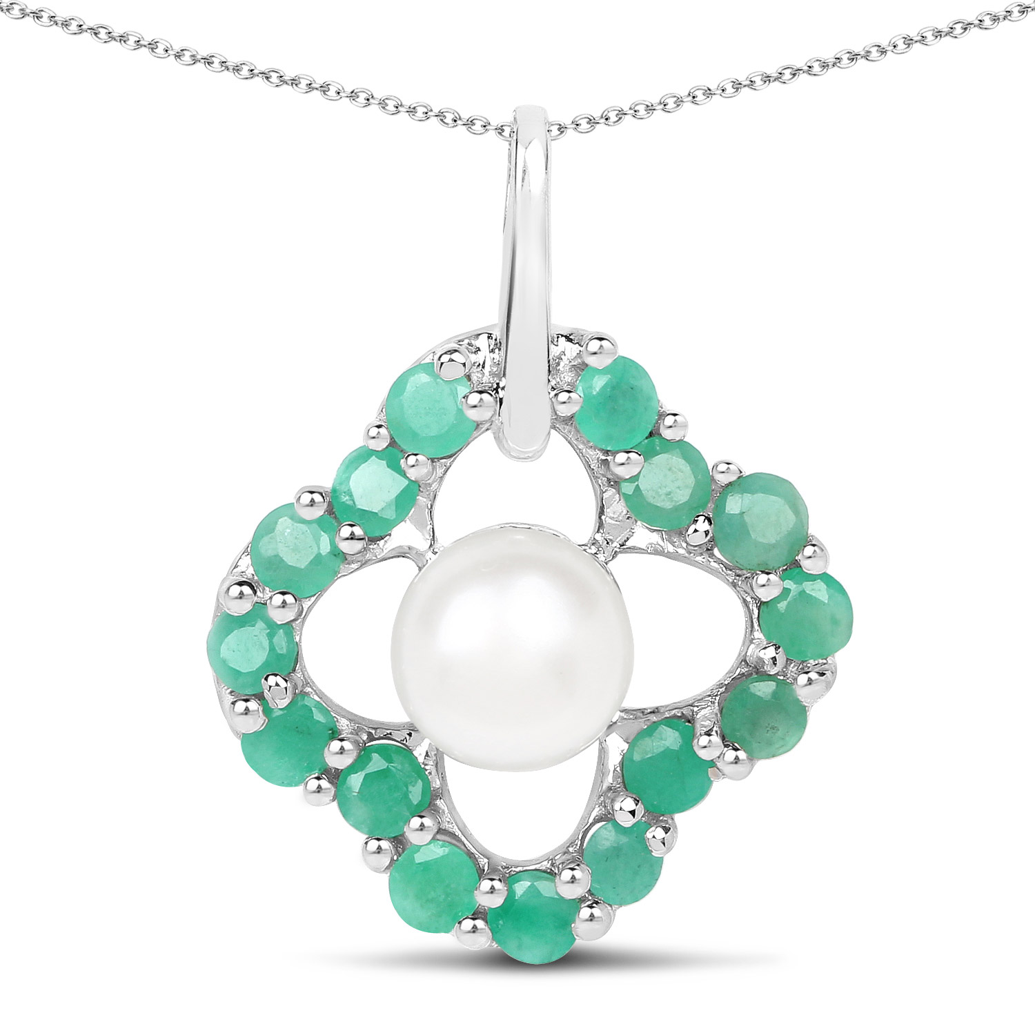 2.78 Carat Genuine Emerald and Pearl .925 Sterling Silver Pendant