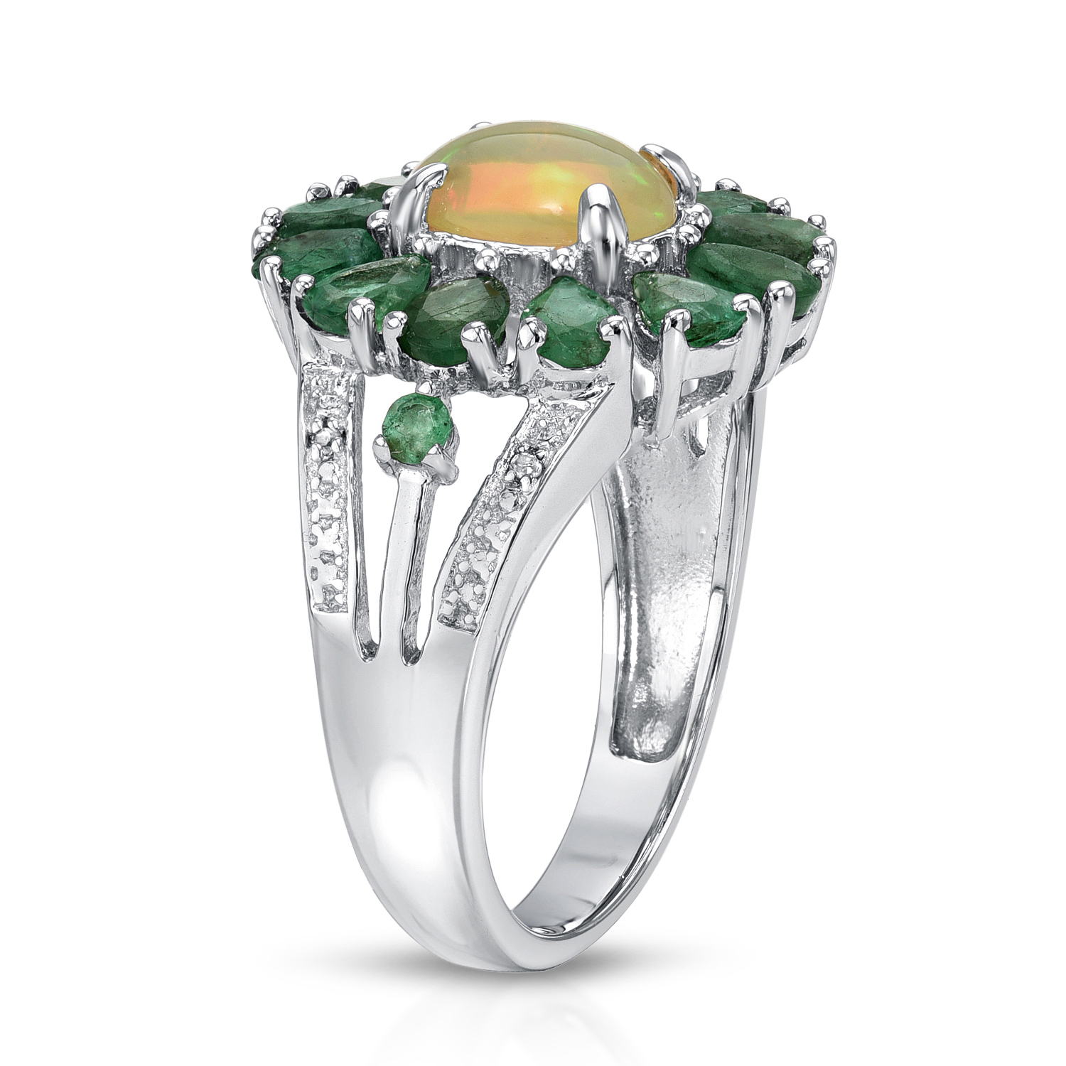 2.52 Carat Genuine Ethiopian Opal, Emerald and White Diamond .925 Sterling Silver Ring