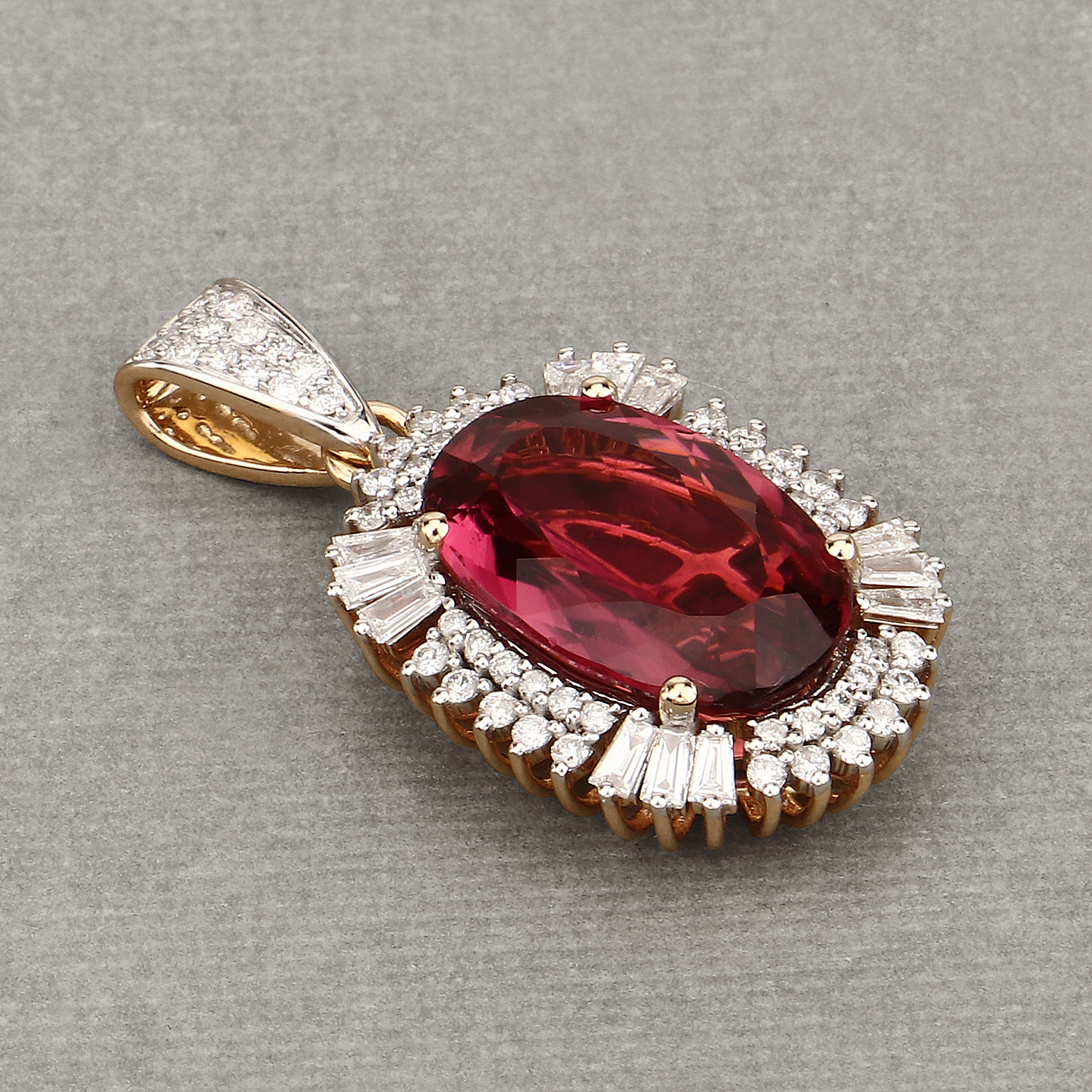 6.25 Carat Genuine Rubellite and White Diamond 14K Yellow Gold Pendant