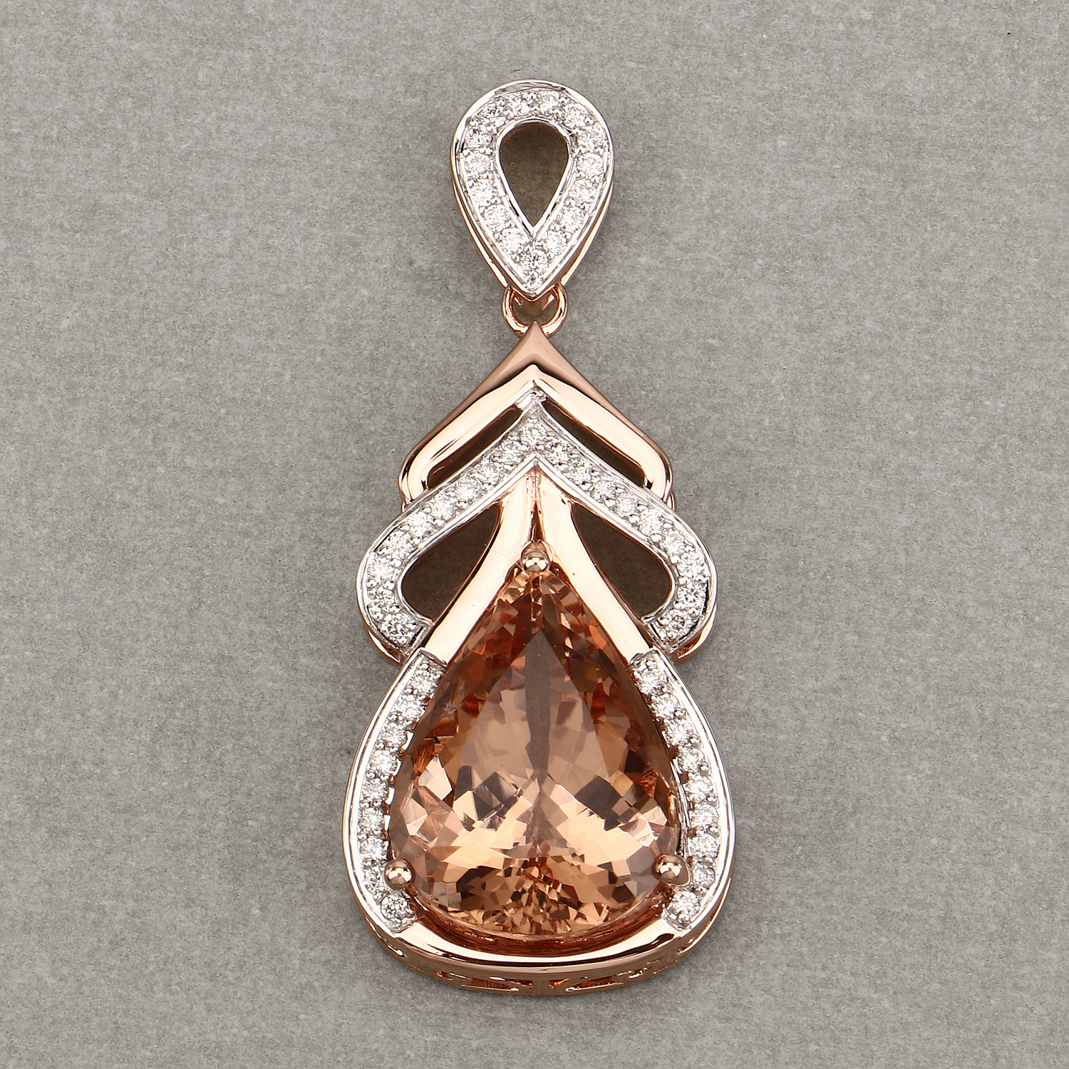 12.81 Carat Genuine Morganite and White Diamond 14K Rose Gold Pendant