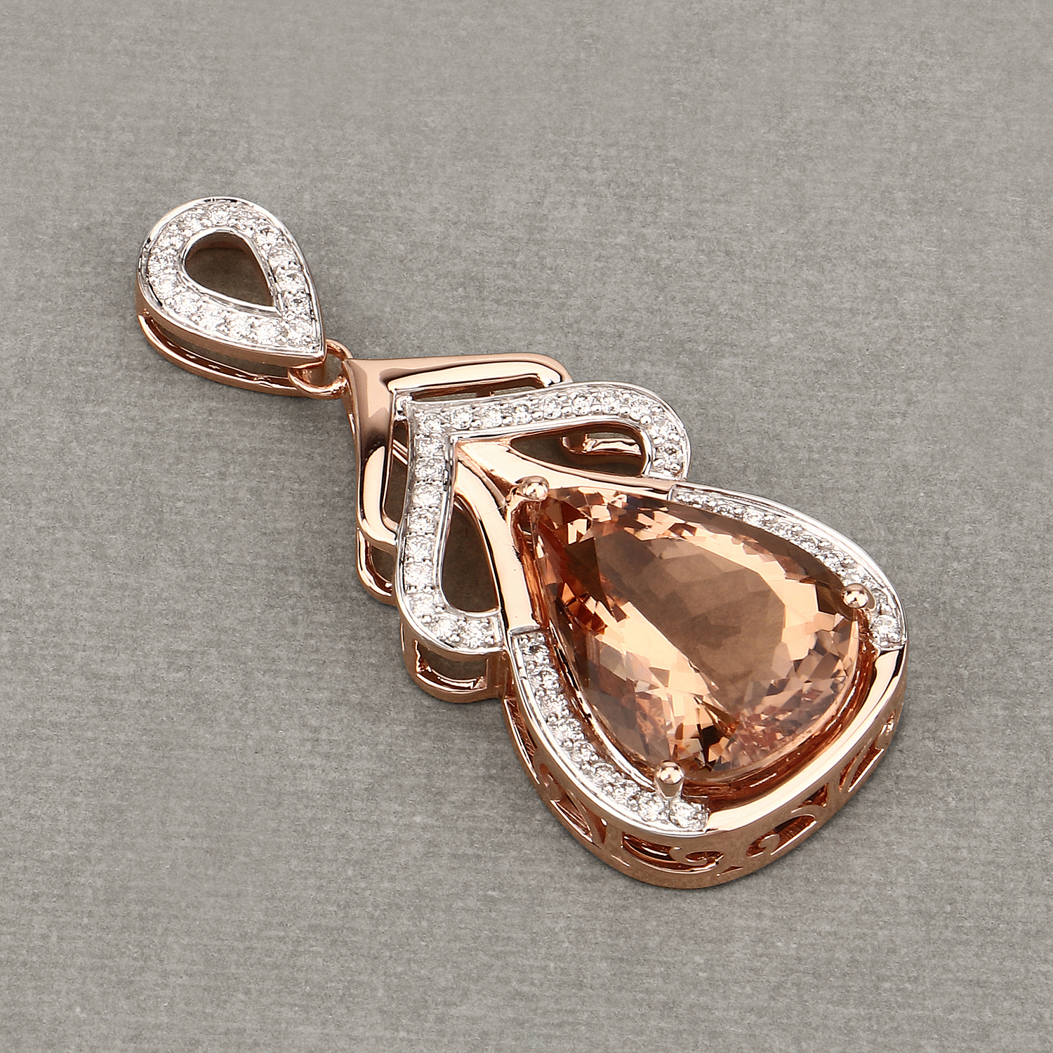 12.81 Carat Genuine Morganite and White Diamond 14K Rose Gold Pendant
