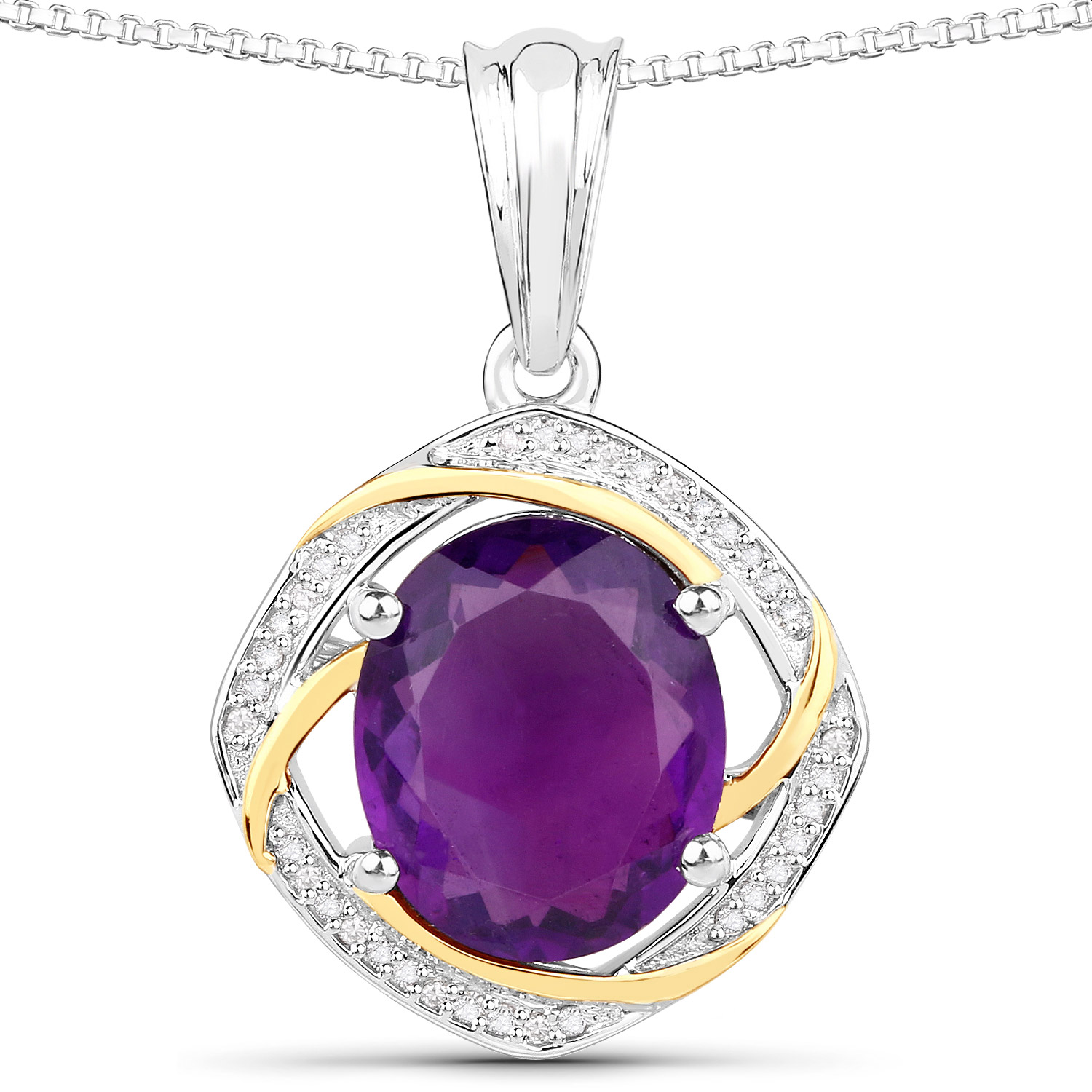 3.93 Carat Genuine Amethyst and White Diamond .925 Sterling Silver Pendant