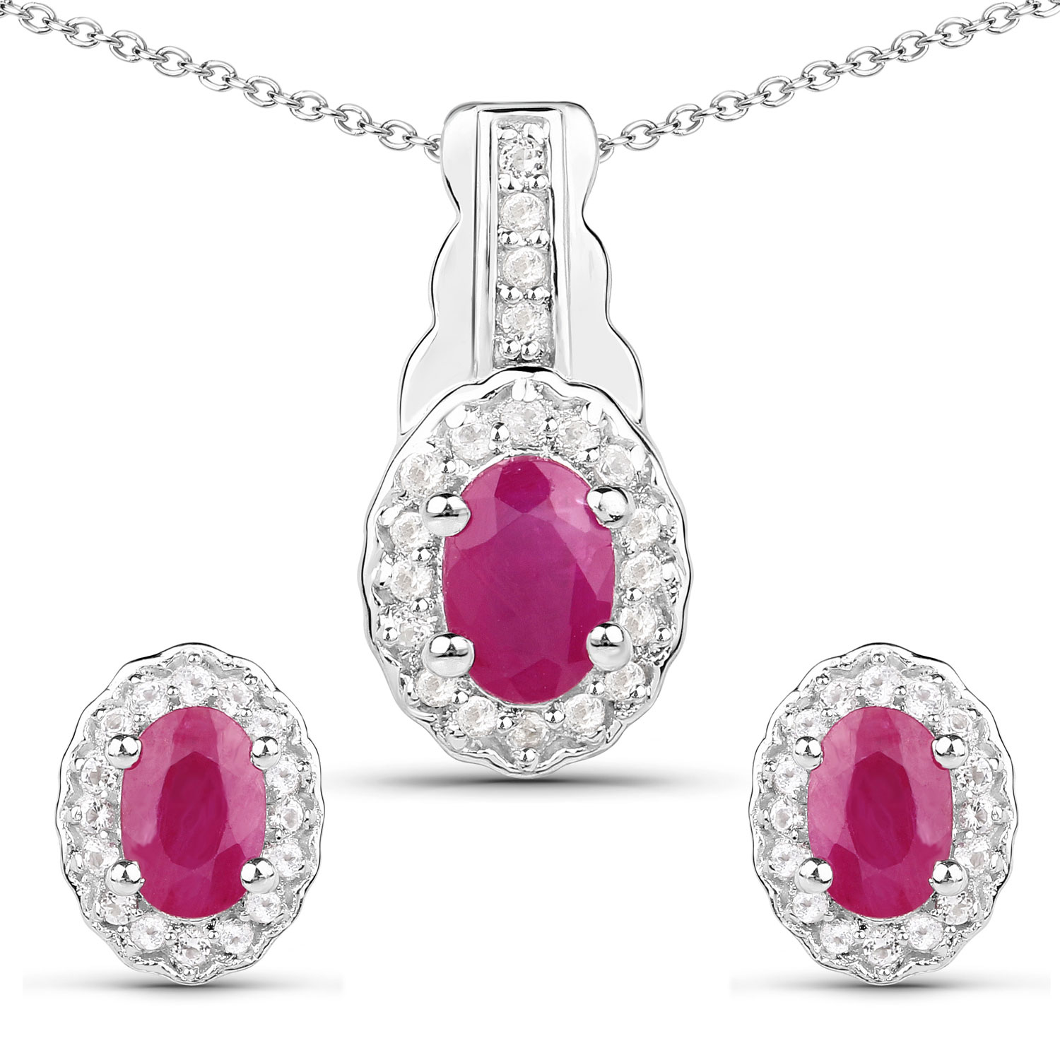 1.82 Carat Genuine Ruby and White Topaz .925 Sterling Silver Set (Earrings, and Pendant )