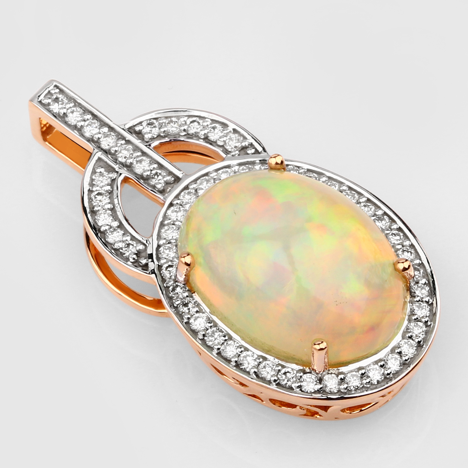 4.04 Carat Genuine Ethiopian Opal and White Diamond 14K Rose Gold Pendant