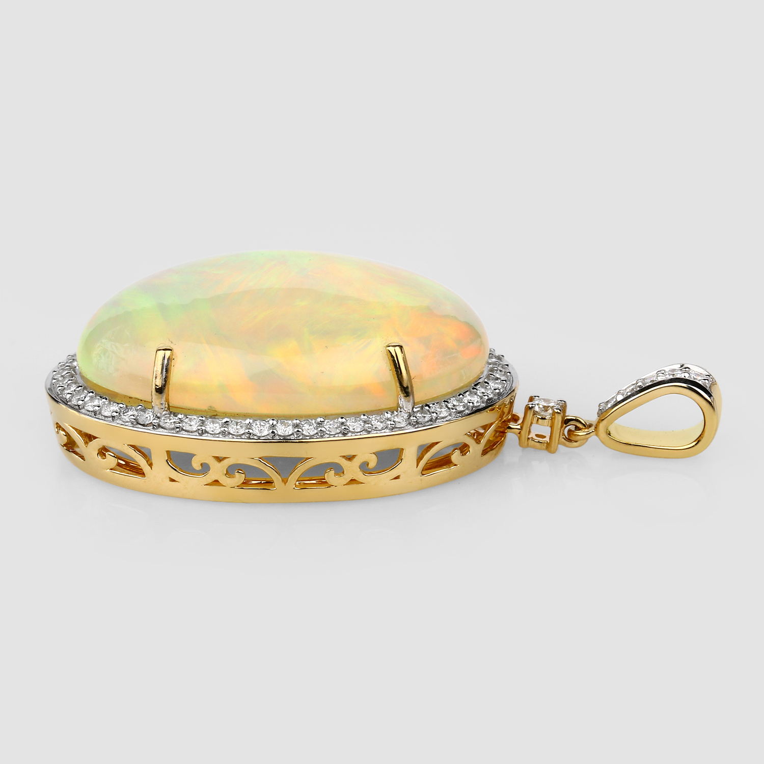 17.72 Carat Genuine Ethiopian Opal and White Diamond 14K Yellow Gold Pendant