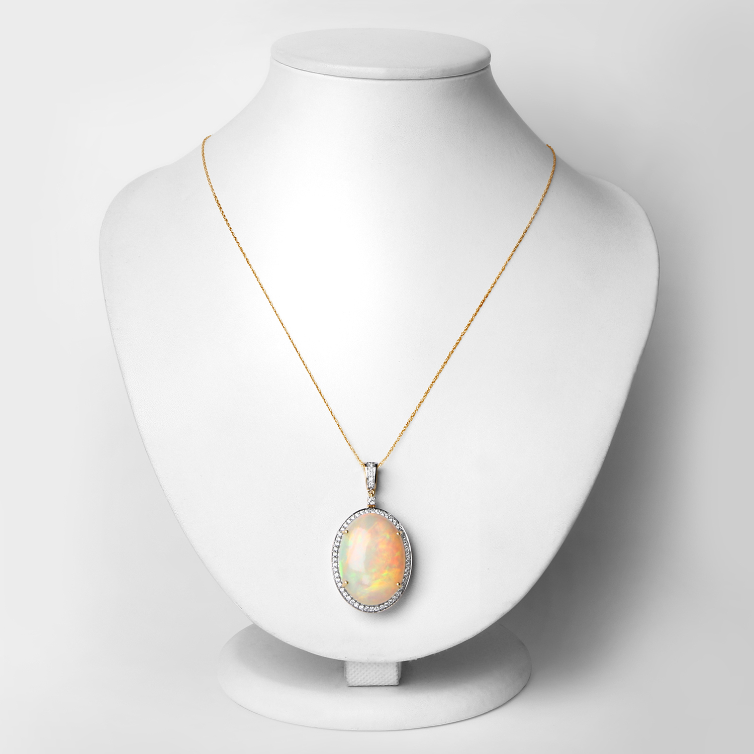 17.72 Carat Genuine Ethiopian Opal and White Diamond 14K Yellow Gold Pendant