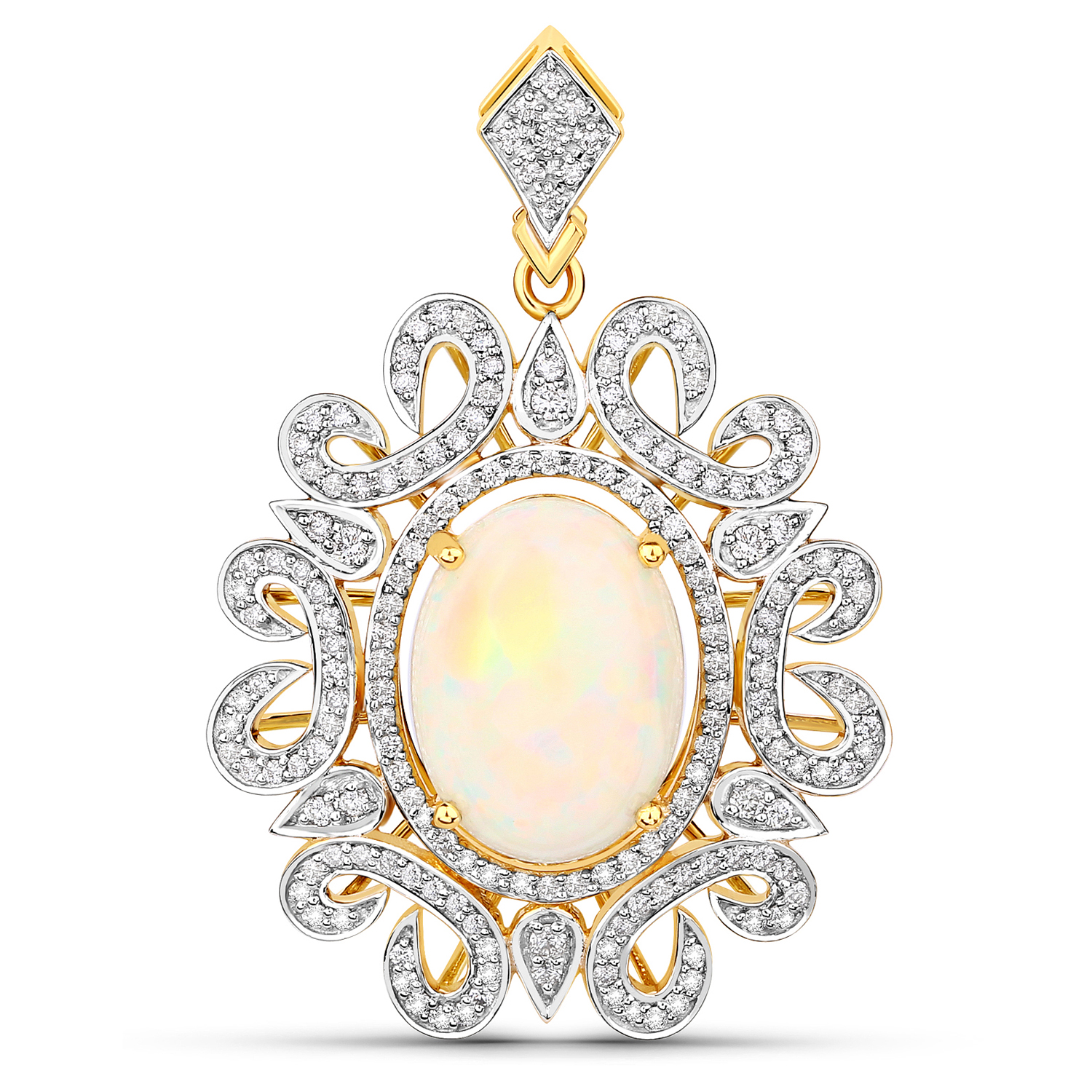 7.36 Carat Genuine Ethiopian Opal and White Diamond 14K Yellow Gold Pendant