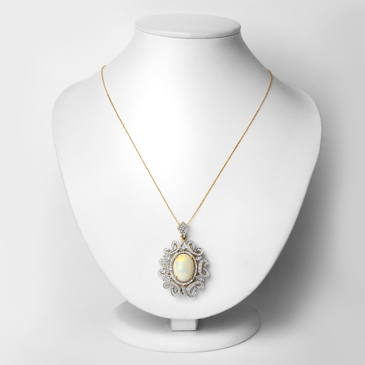 7.36 Carat Genuine Ethiopian Opal and White Diamond 14K Yellow Gold Pendant