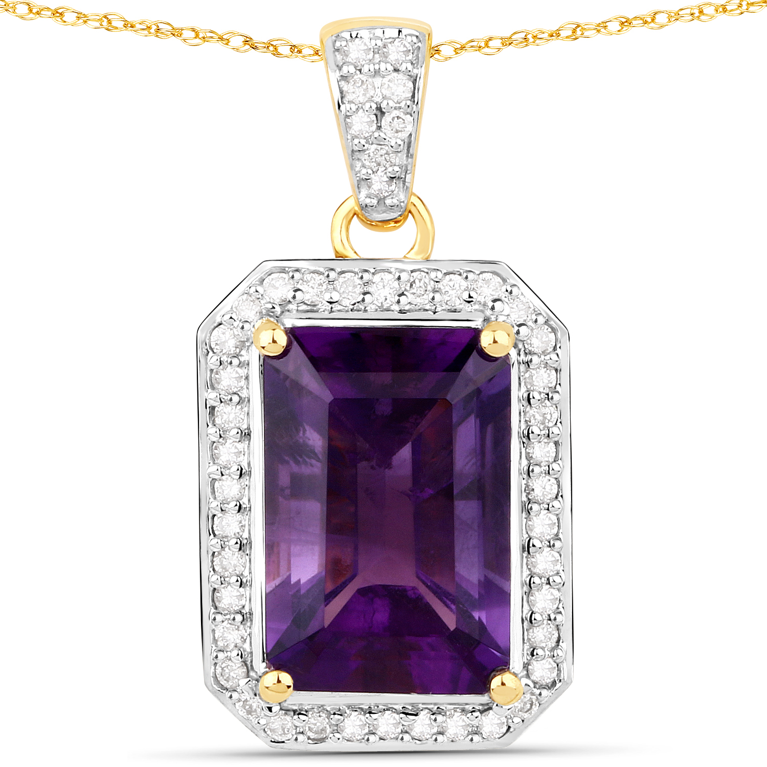 3.45 Carat Genuine Amethyst and White Diamond 14K Yellow Gold Pendant