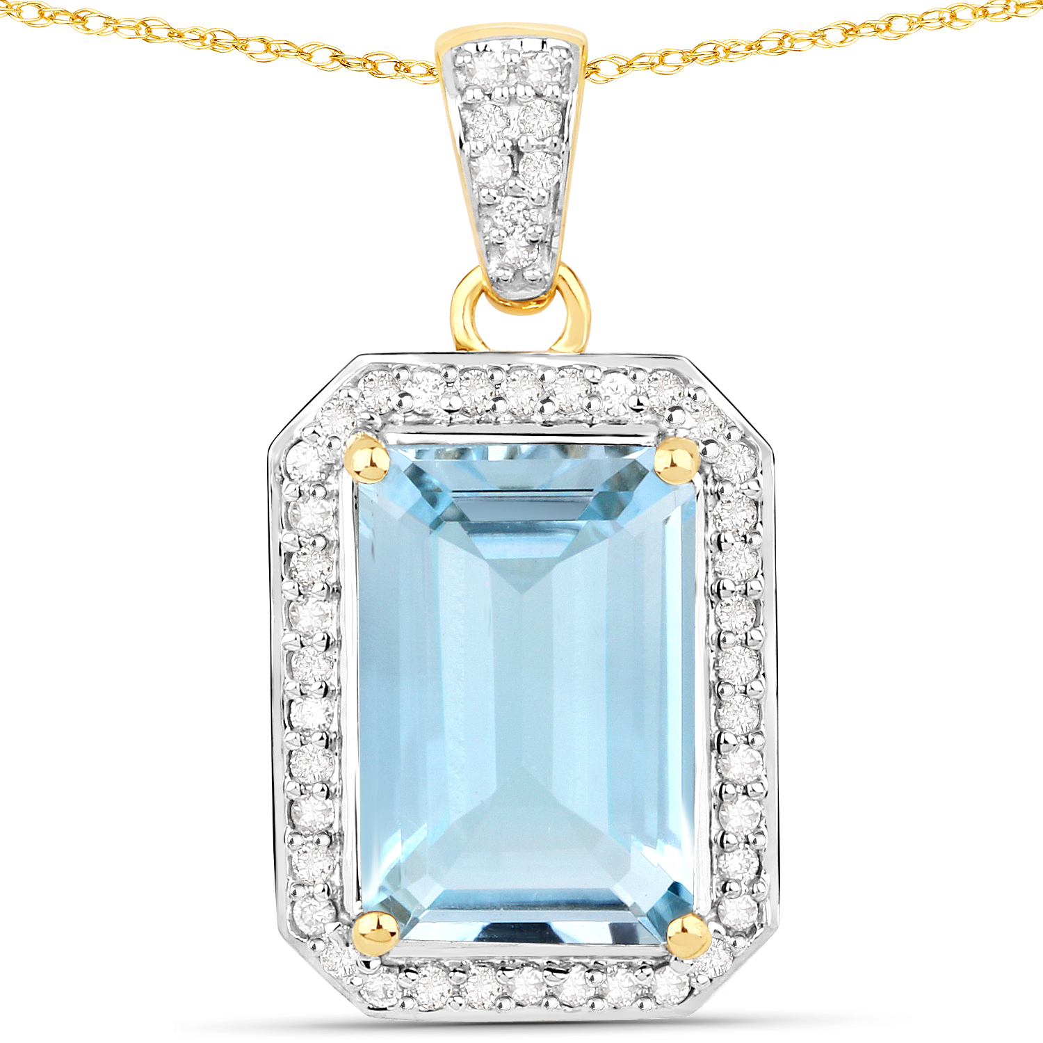 5.20 Carat Genuine Blue Topaz and White Diamond 14K Yellow Gold Pendant