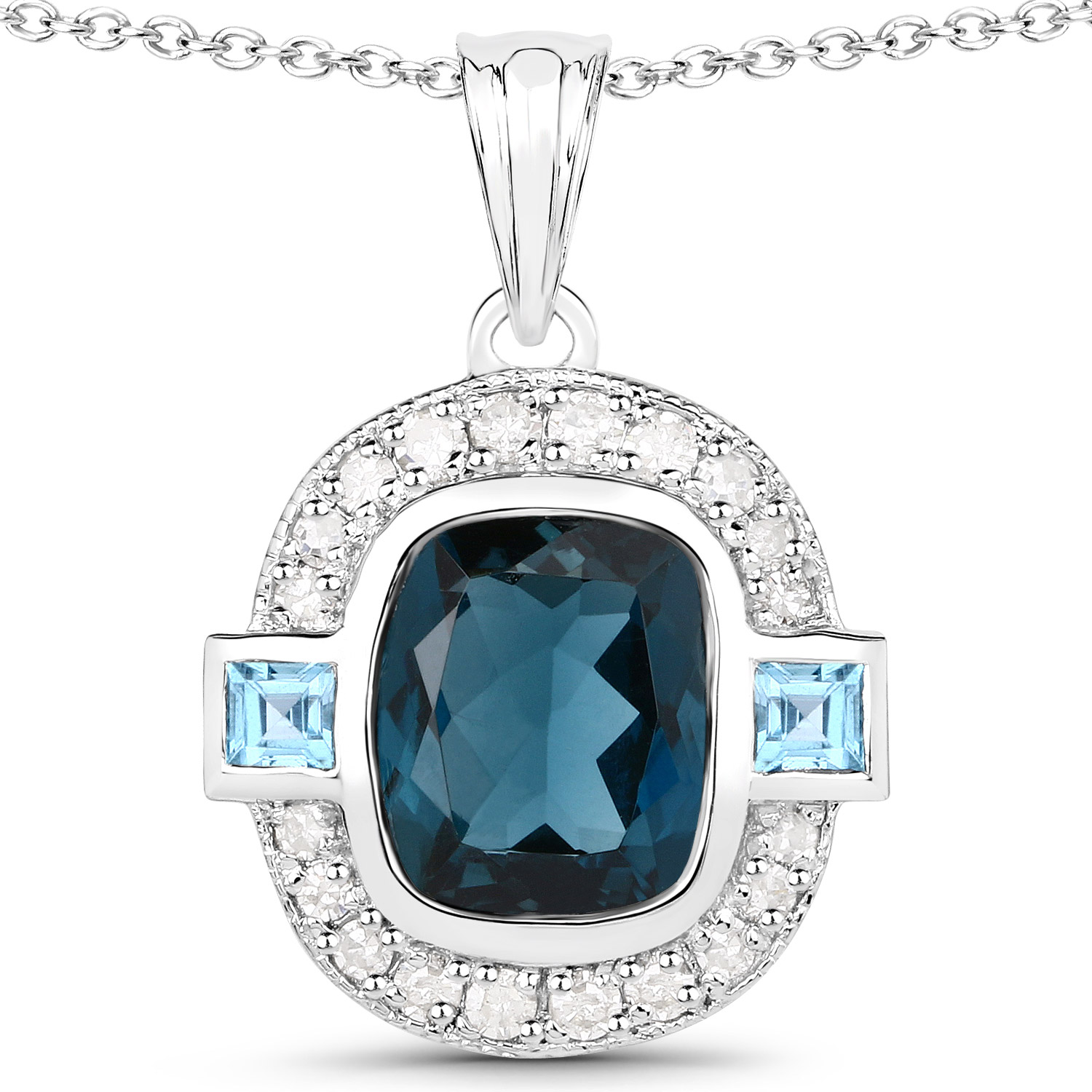 5.04 Carat Genuine London Blue Topaz, Swiss Blue Topaz and White Diamond .925 Sterling Silver Pendant