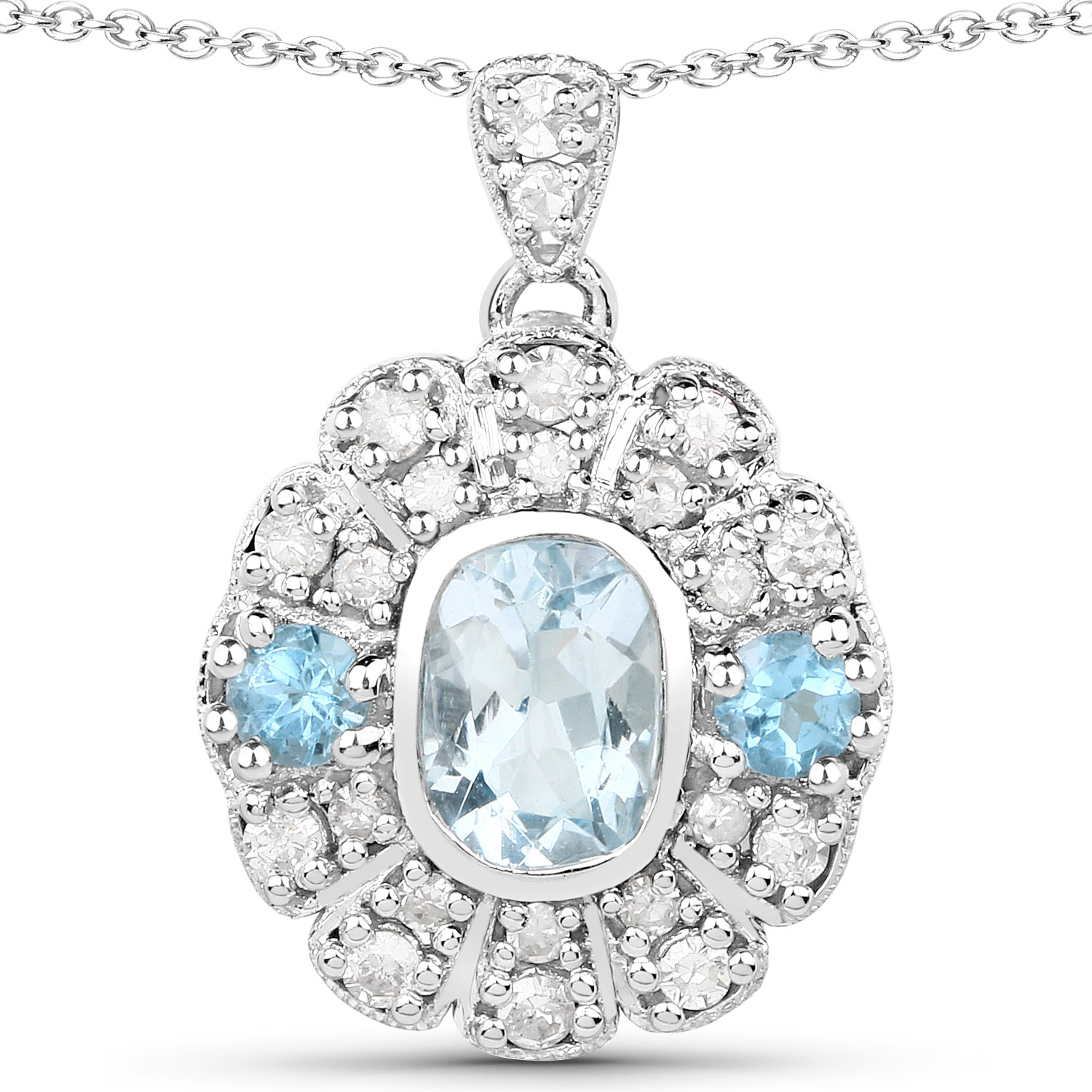 1.39 Carat Genuine Aquamarine, Swiss Blue Topaz and White Diamond .925 Sterling Silver Pendant