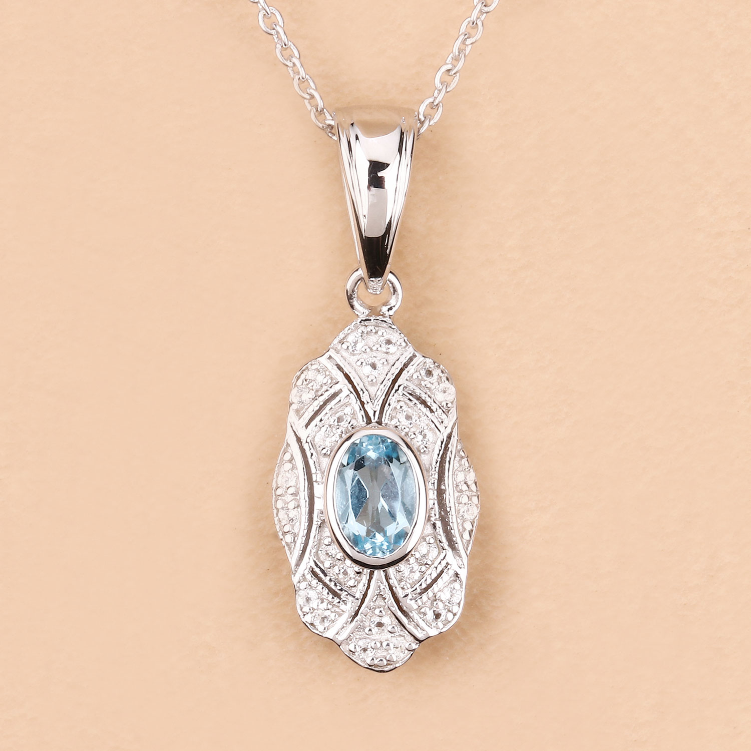 0.63 Carat Genuine Blue Topaz and White Topaz .925 Sterling Silver Pendant