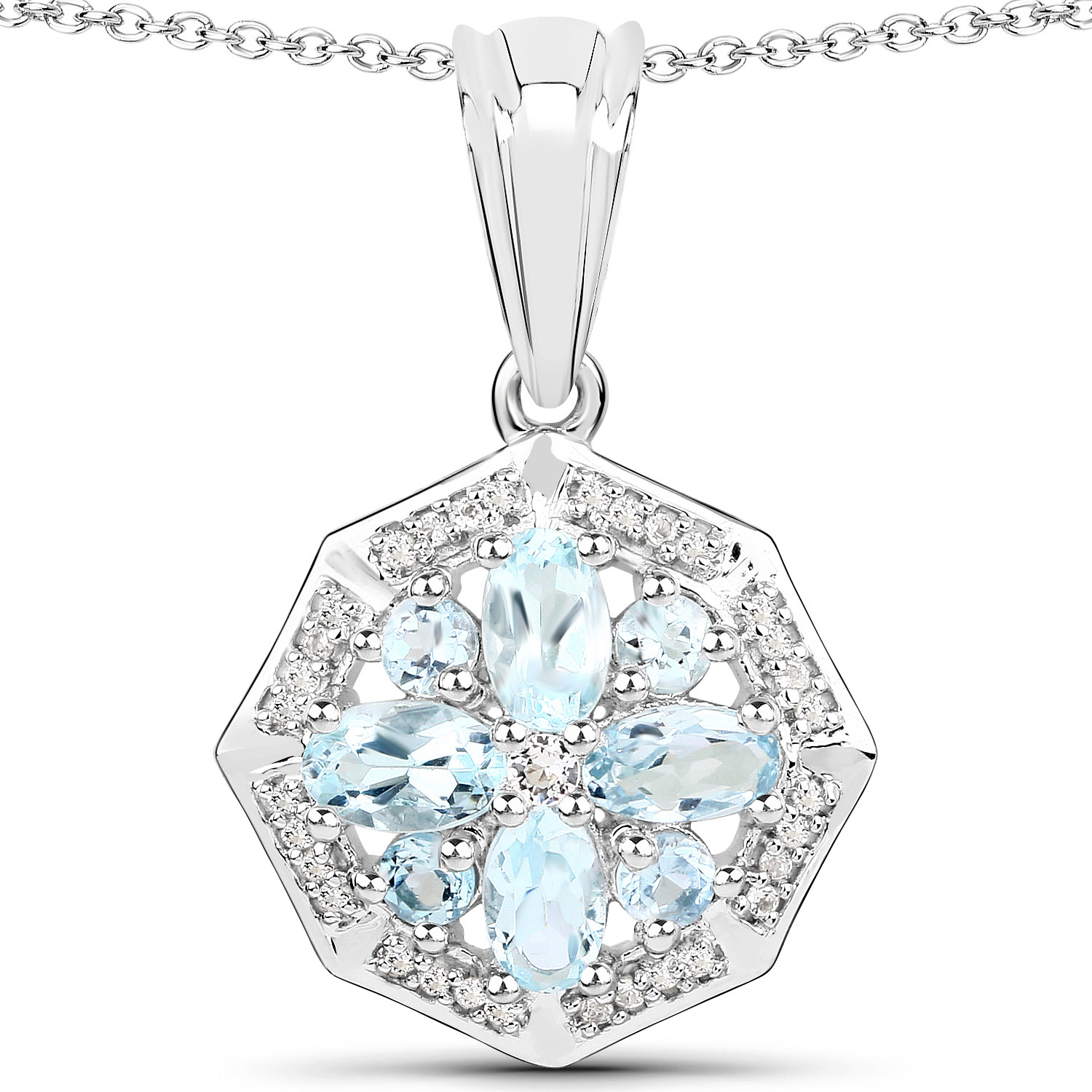 1.13 Carat Genuine Aquamarine and White Topaz .925 Sterling Silver Pendant