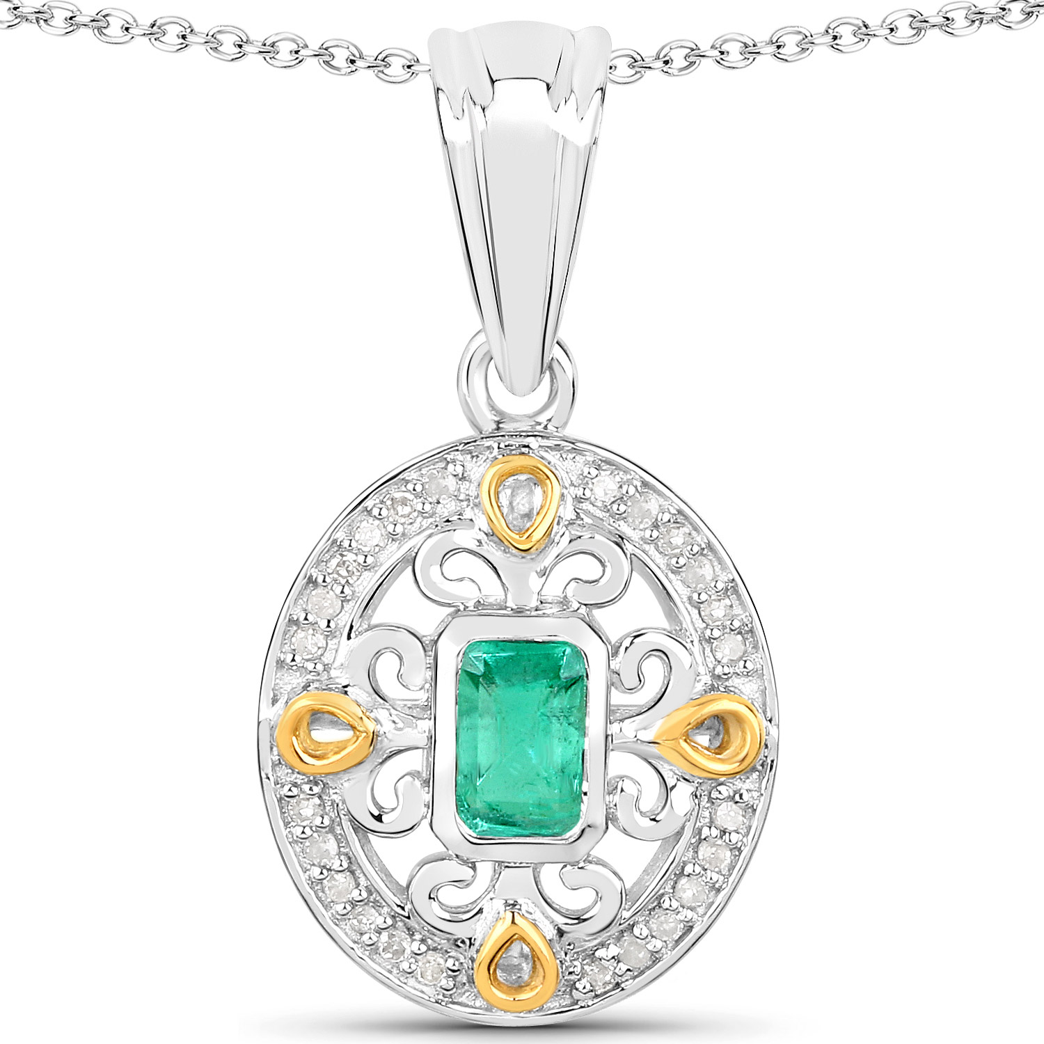 0.35 Carat Genuine Zambian Emerald and White Diamond .925 Sterling Silver Pendant