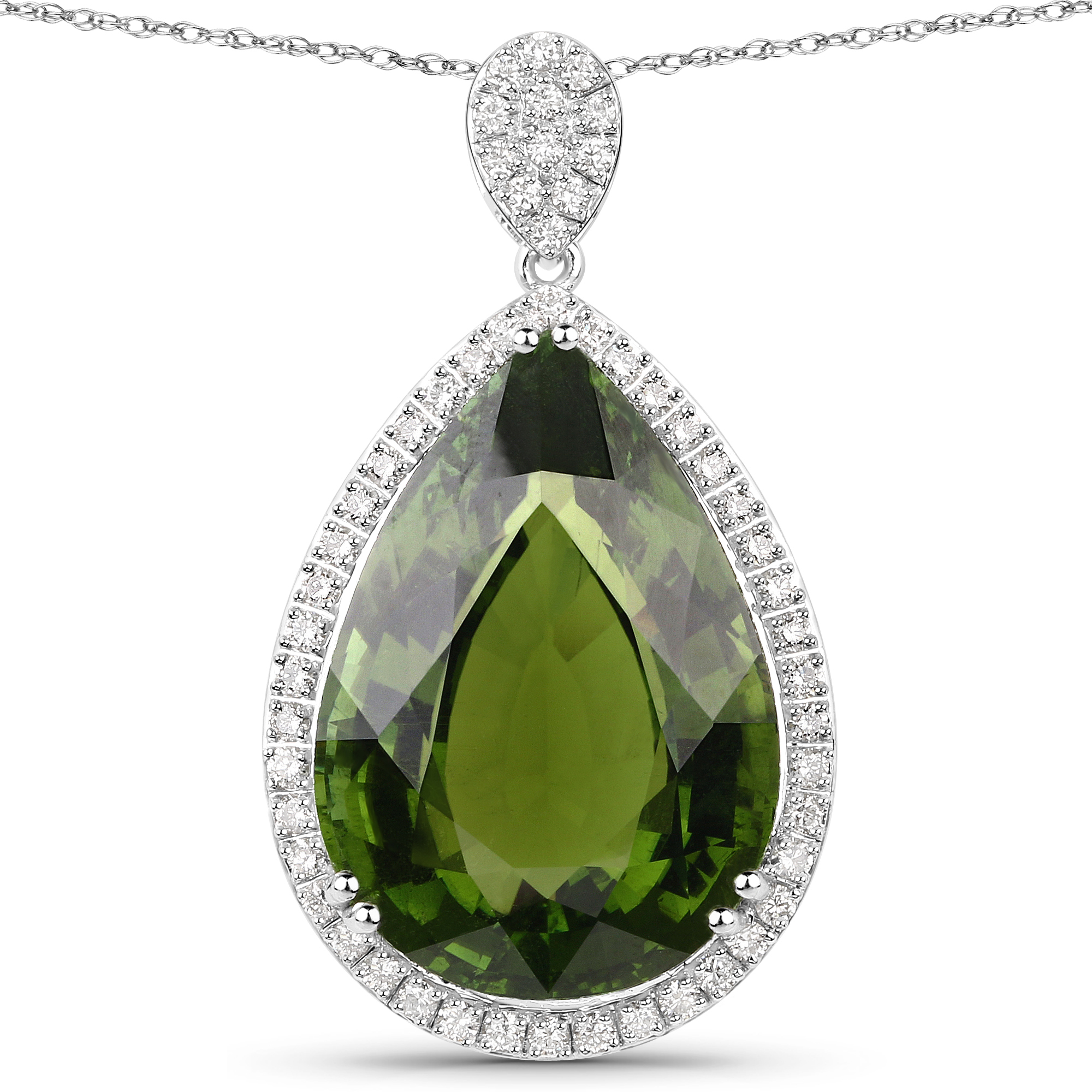 36.38 Carat Genuine Peridot and White Diamond 14K White Gold Pendant