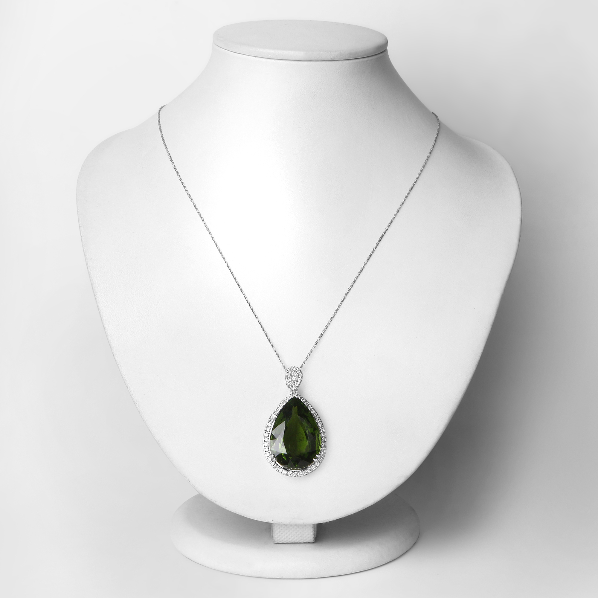 36.38 Carat Genuine Peridot and White Diamond 14K White Gold Pendant