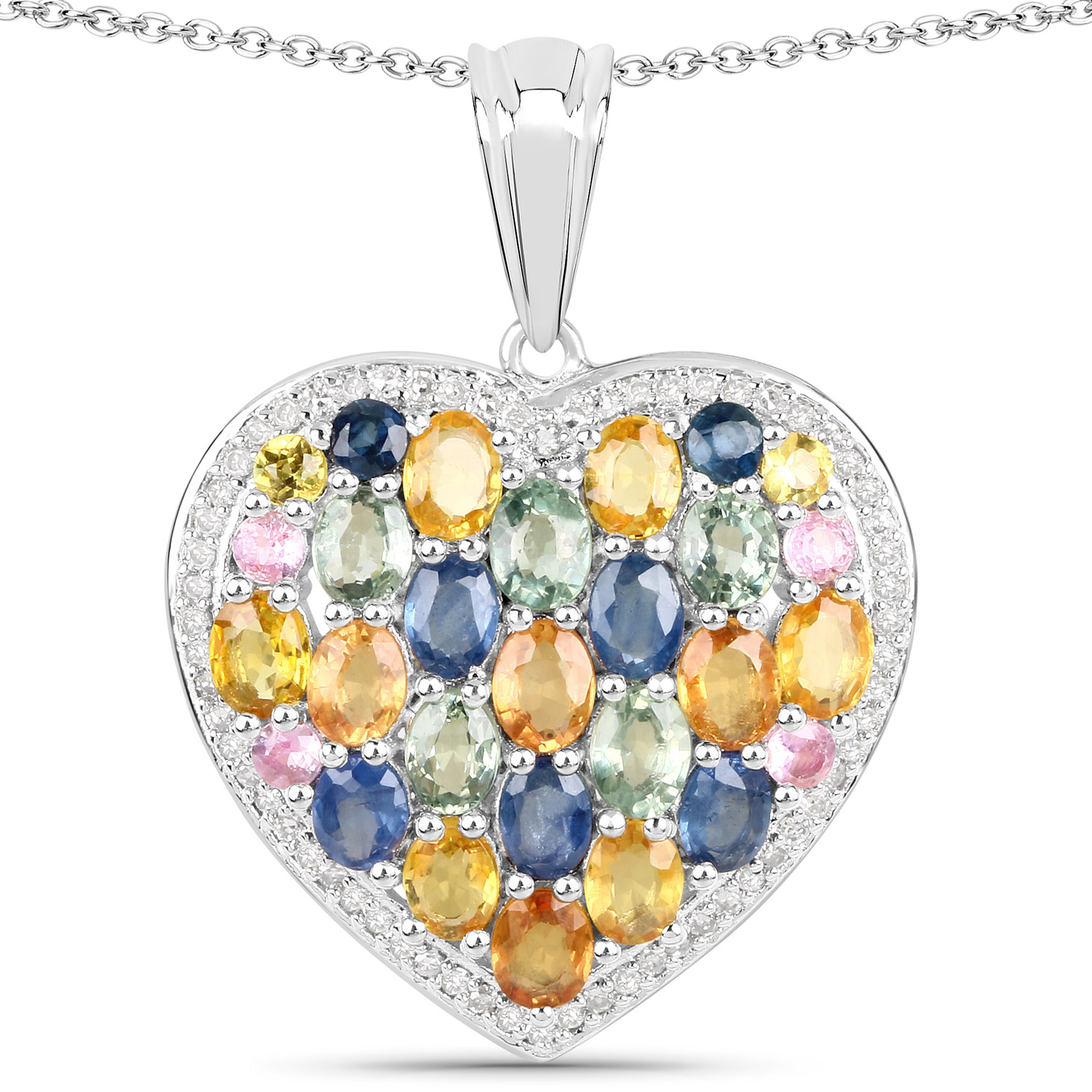 4.65 Carat Genuine Multi Sapphire and White Diamond .925 Sterling Silver Pendant