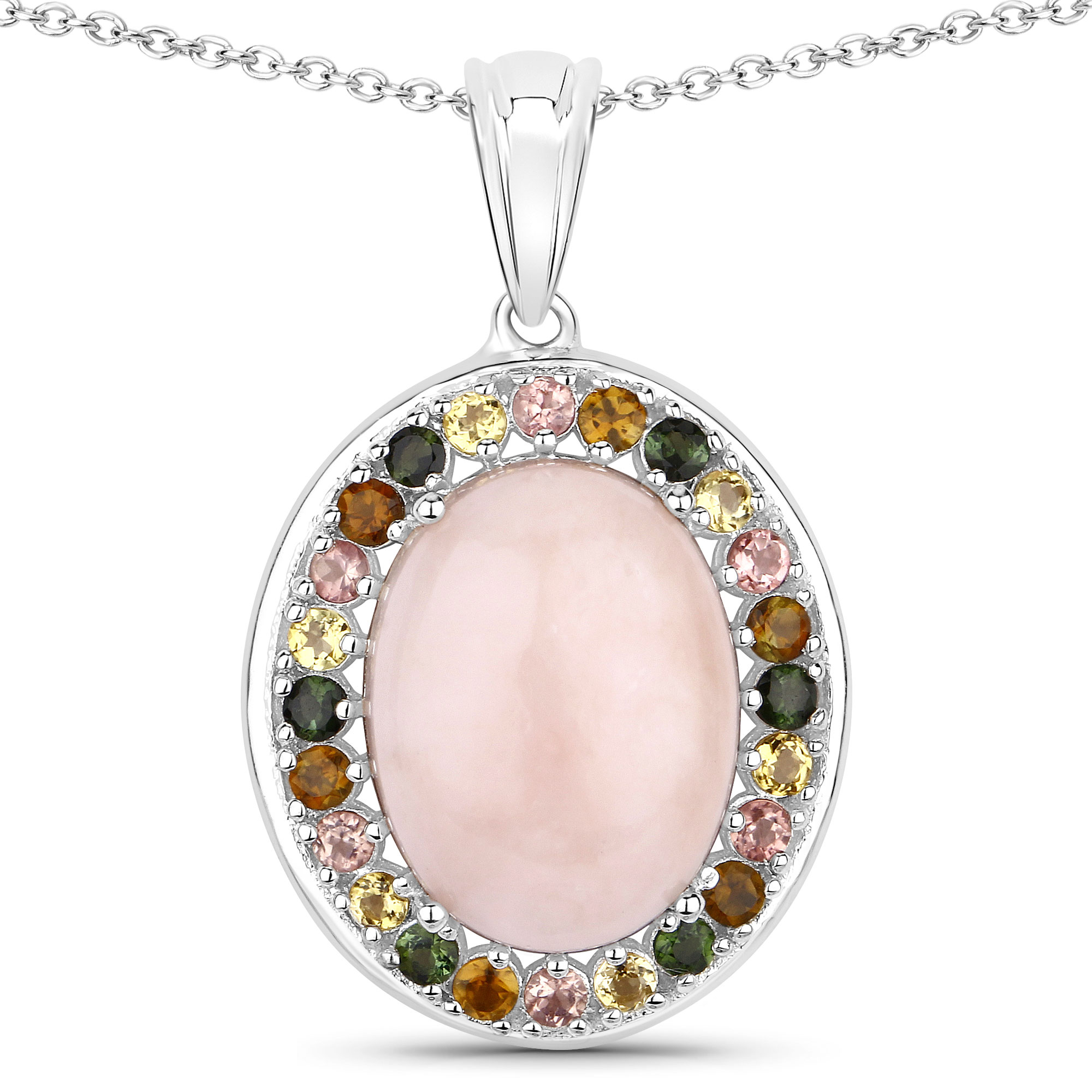 9.84 Carat Pink Opal and Multi Tourmaline .925 Sterling Silver Pendant