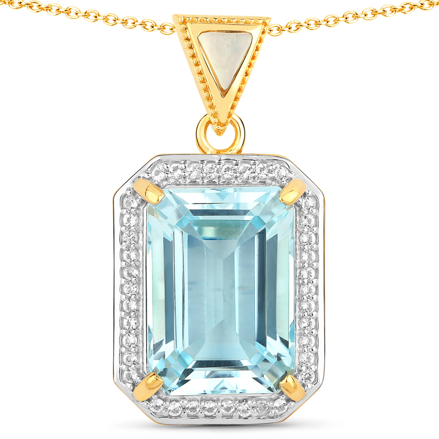 9.83 Carat Genuine Blue Topaz, Mother Of Pearl and White Topaz .925 Sterling Silver Pendant
