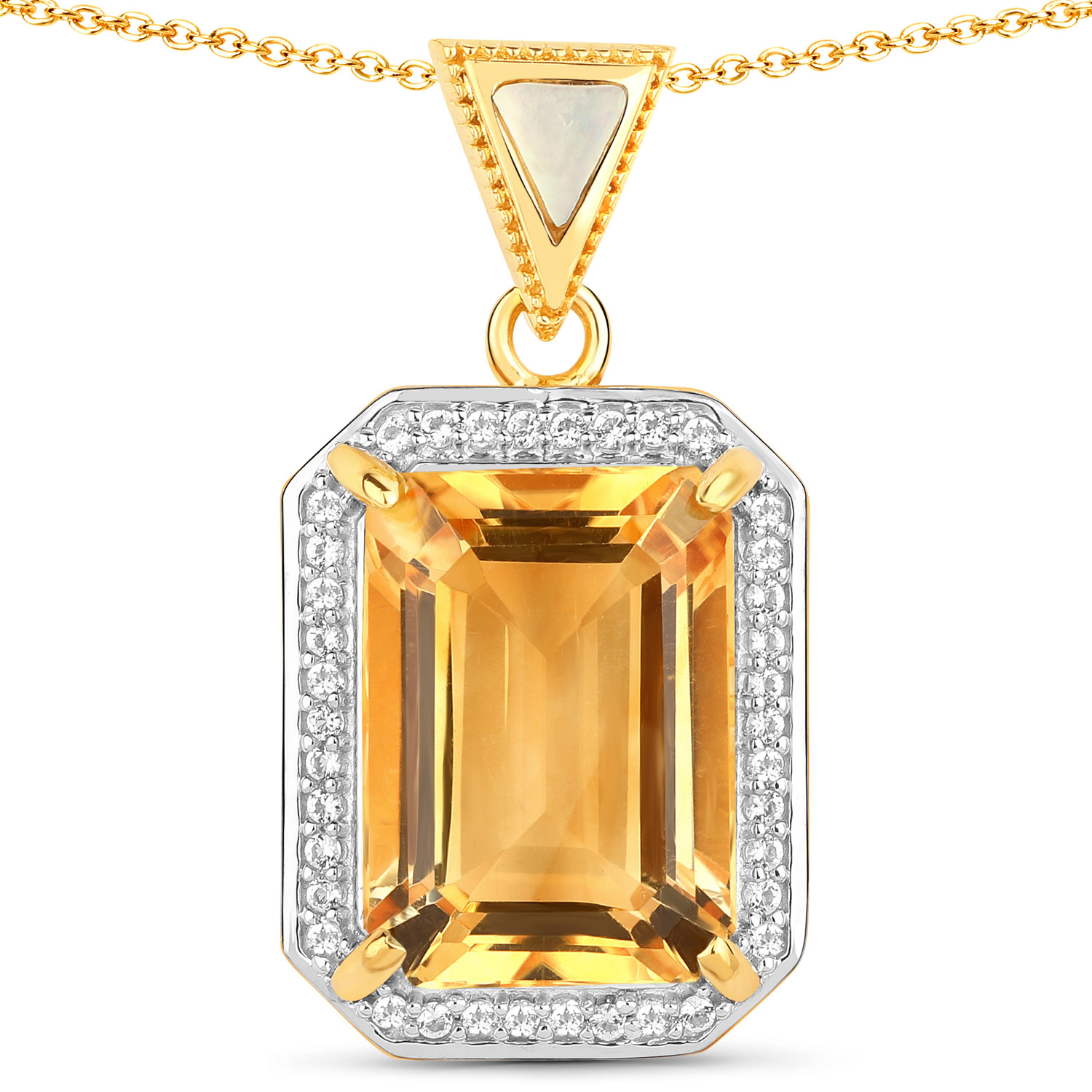 7.33 Carat Genuine Citrine, Mother Of Pearl and White Topaz .925 Sterling Silver Pendant