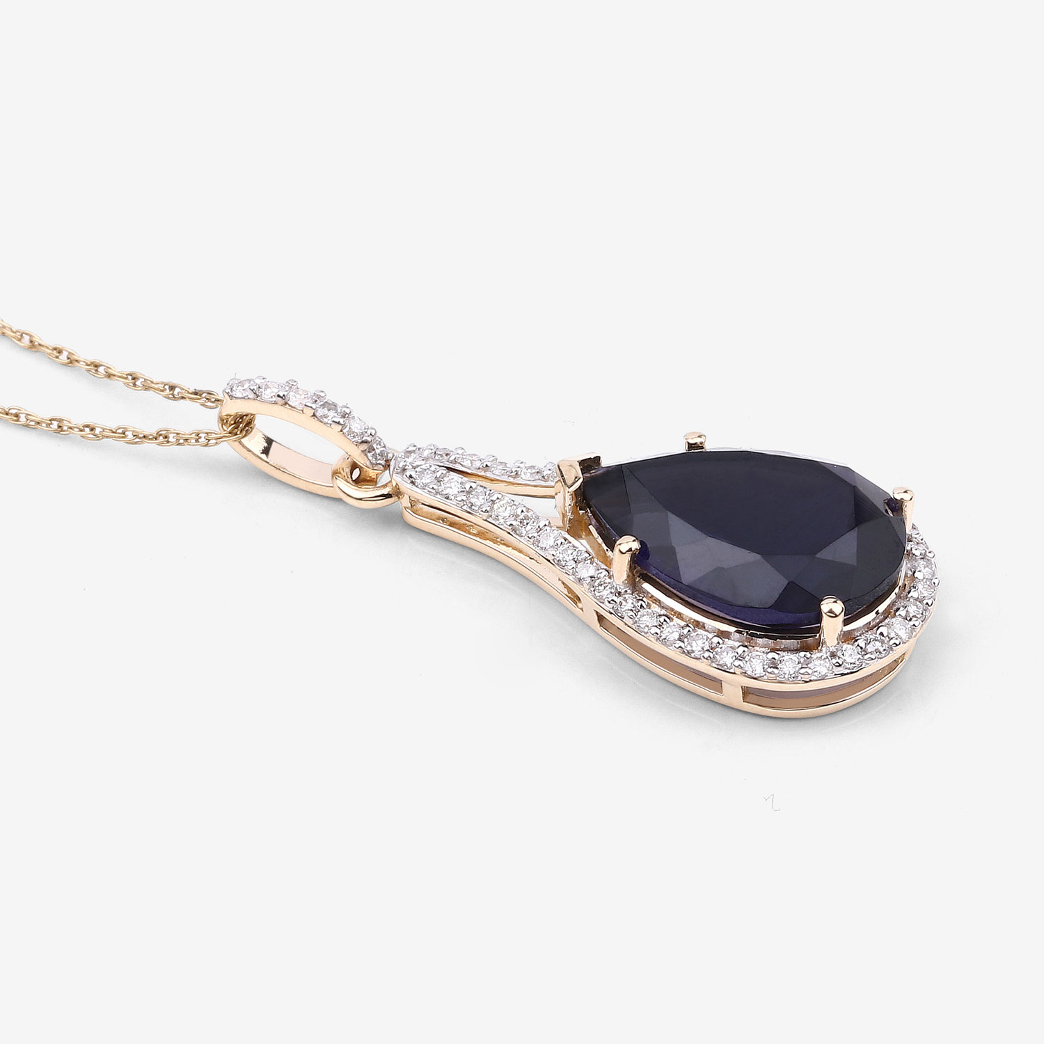 5.42 Carat Genuine Iolite and White Diamond 14K Yellow Gold Pendant