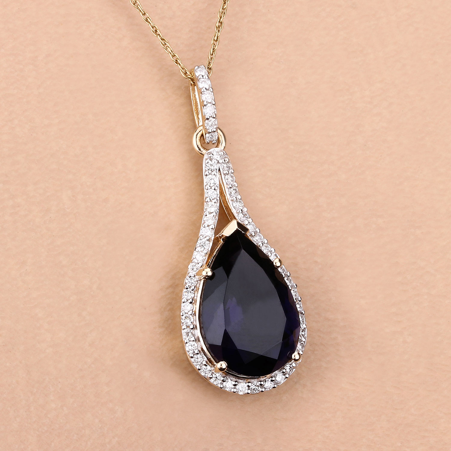 5.42 Carat Genuine Iolite and White Diamond 14K Yellow Gold Pendant
