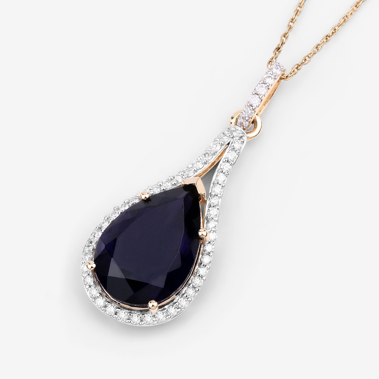 5.42 Carat Genuine Iolite and White Diamond 14K Yellow Gold Pendant