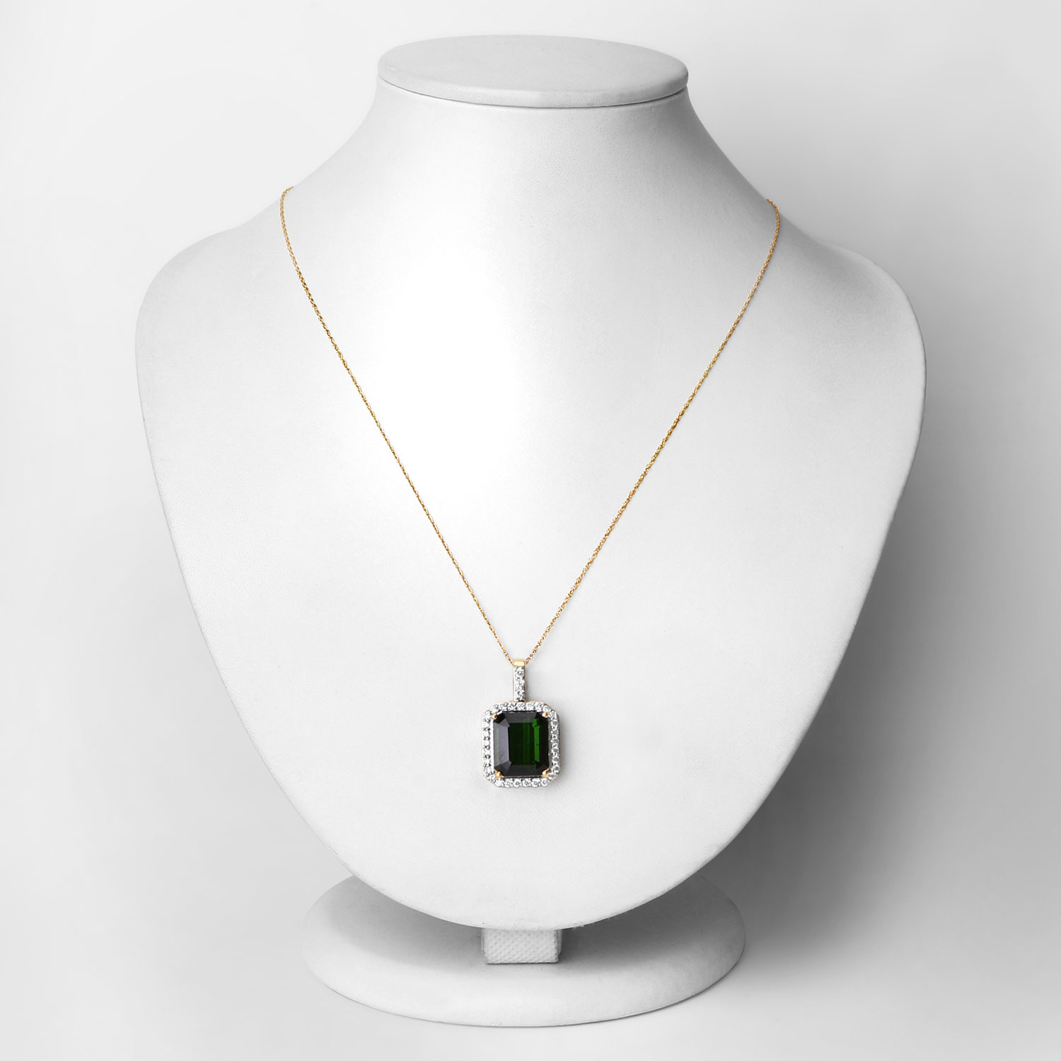 4.36 Carat Genuine Green Tourmaline and White Diamond 14K Yellow Gold Pendant
