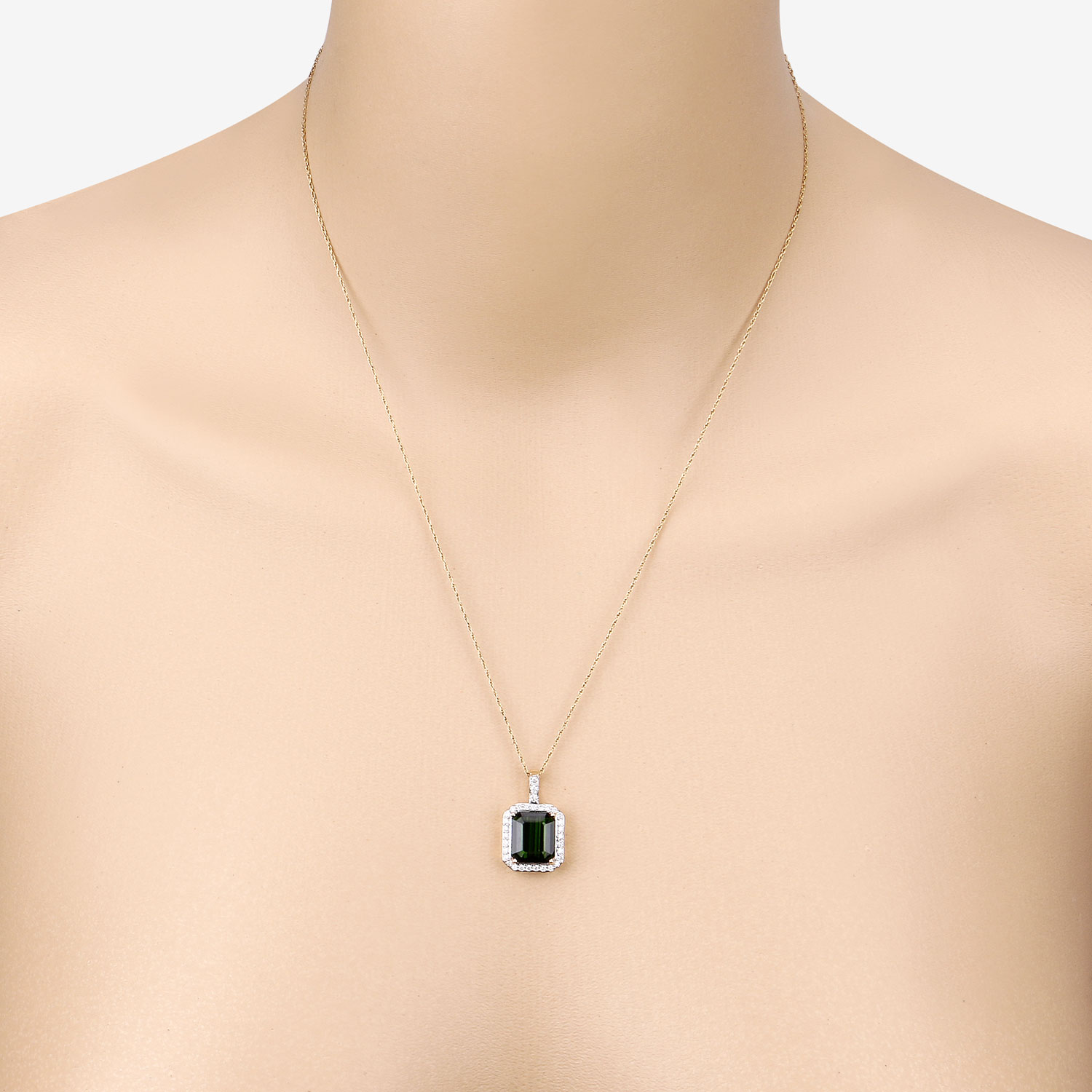 4.36 Carat Genuine Green Tourmaline and White Diamond 14K Yellow Gold Pendant