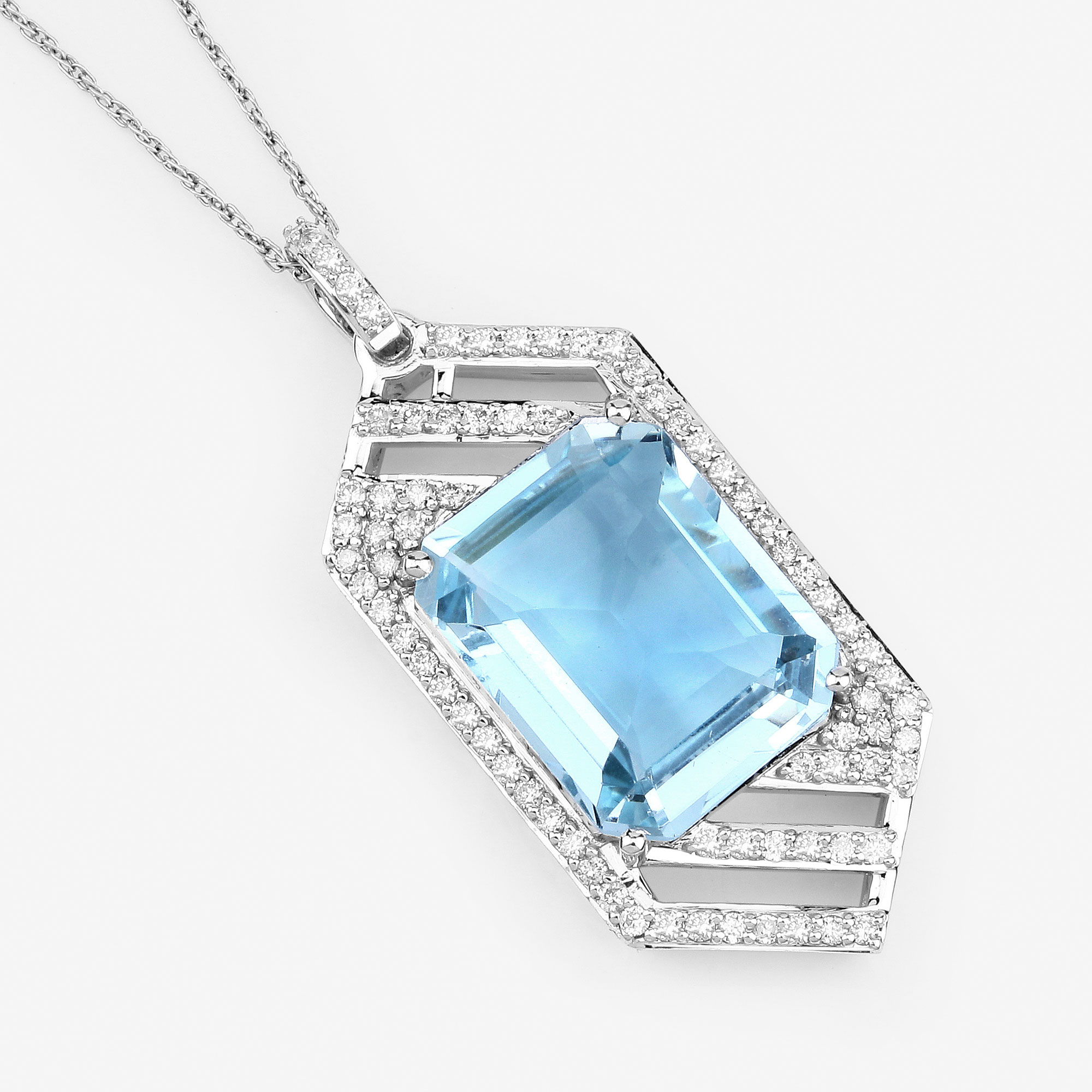 8.65 Carat Genuine Aquamarine and White Diamond 14K White Gold Pendant