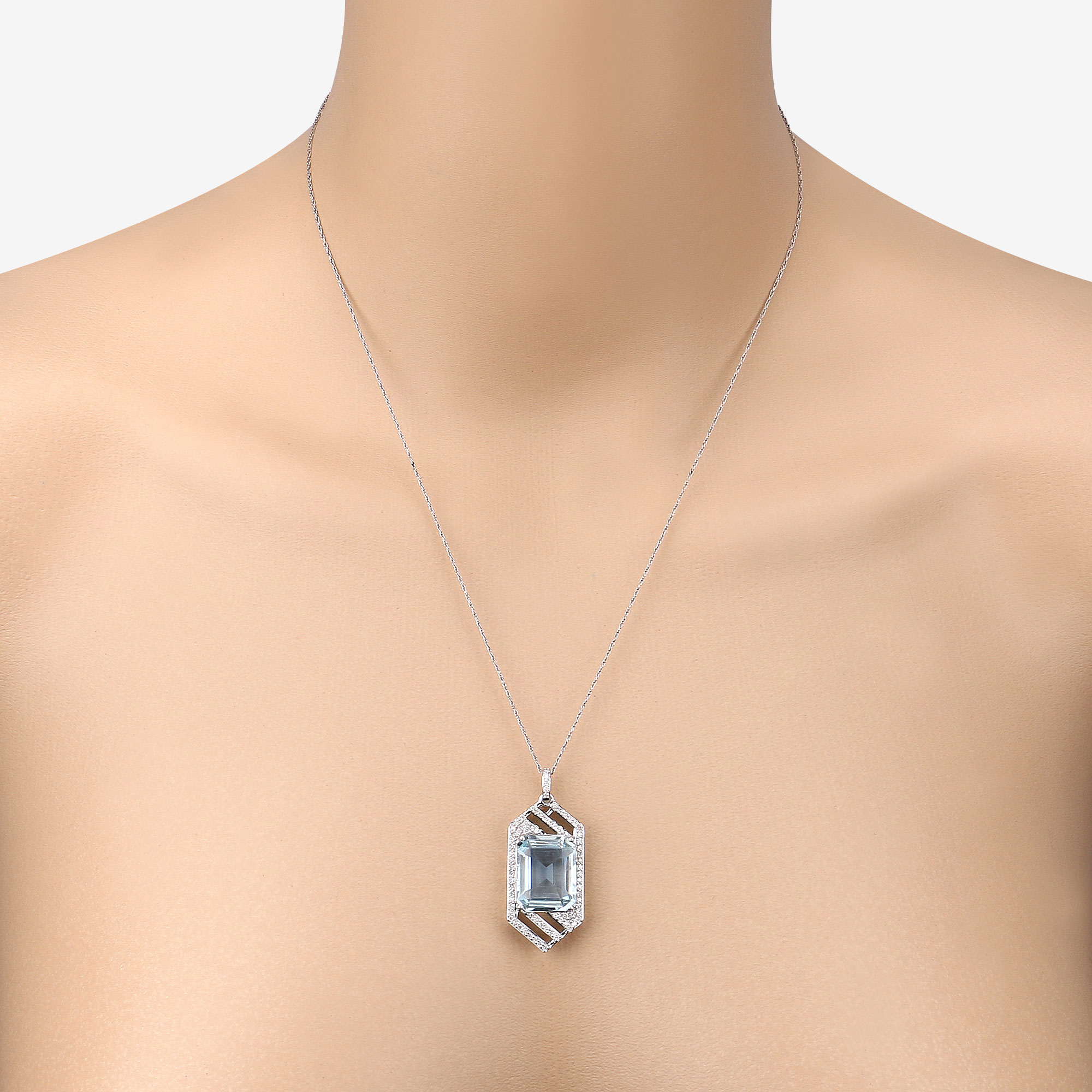 8.65 Carat Genuine Aquamarine and White Diamond 14K White Gold Pendant