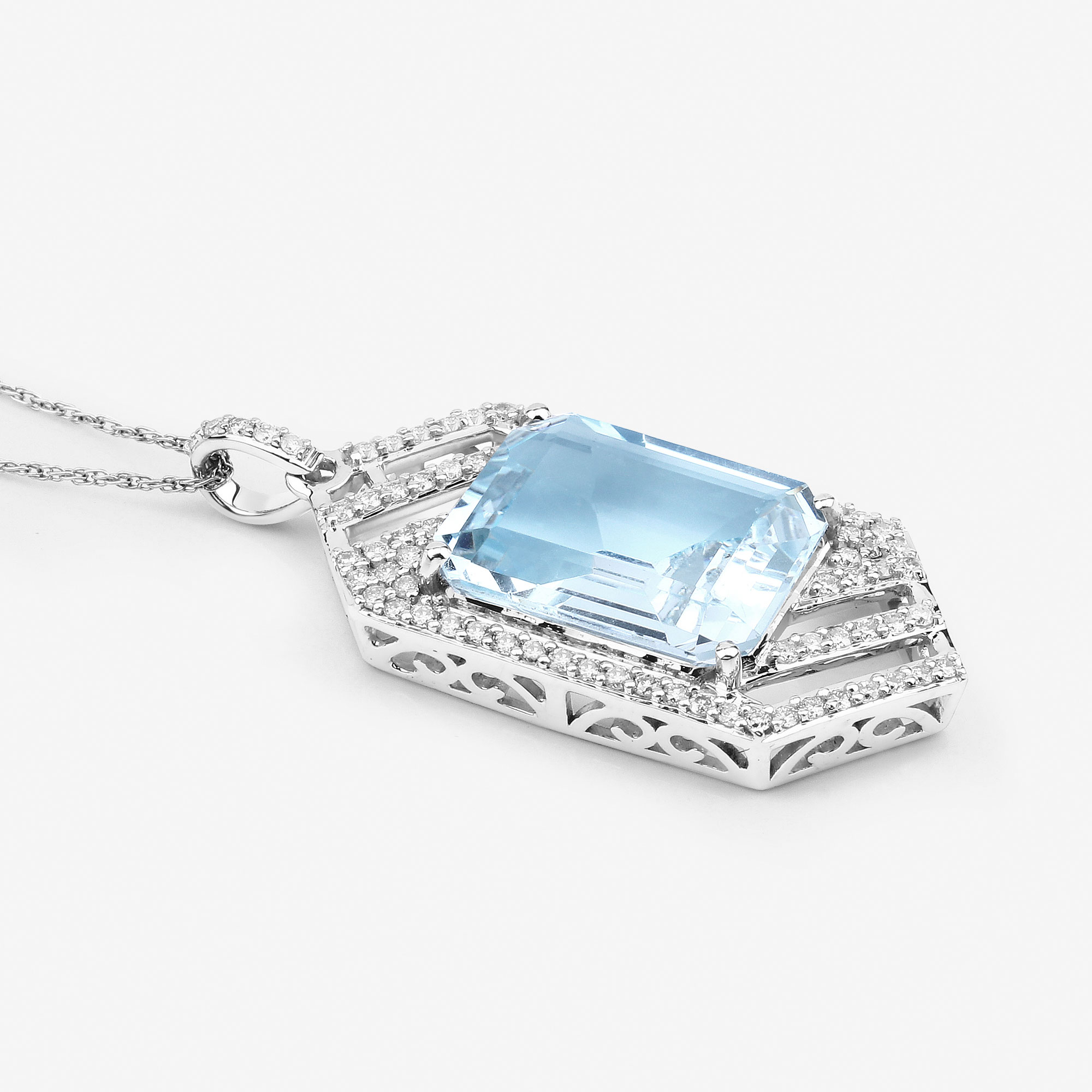 8.65 Carat Genuine Aquamarine and White Diamond 14K White Gold Pendant