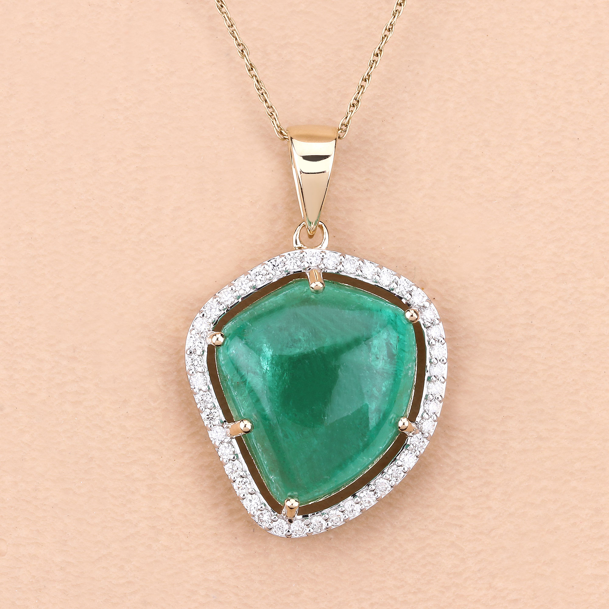 12.13 Carat Genuine Colombian Emerald and White Diamond 14K Yellow Gold Pendant