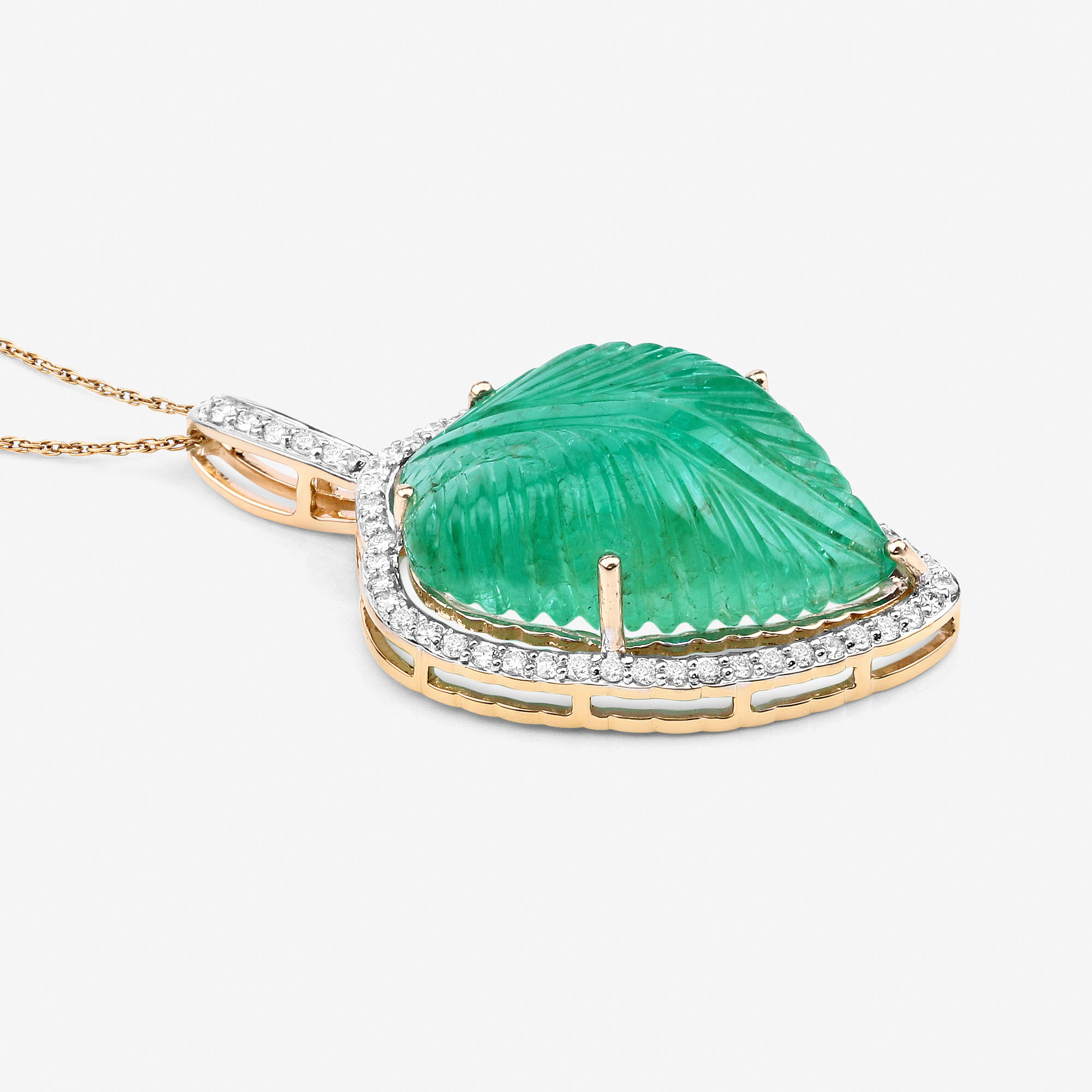 28.78 Carat Genuine Colombian Emerald and White Diamond 14K Yellow Gold Pendant