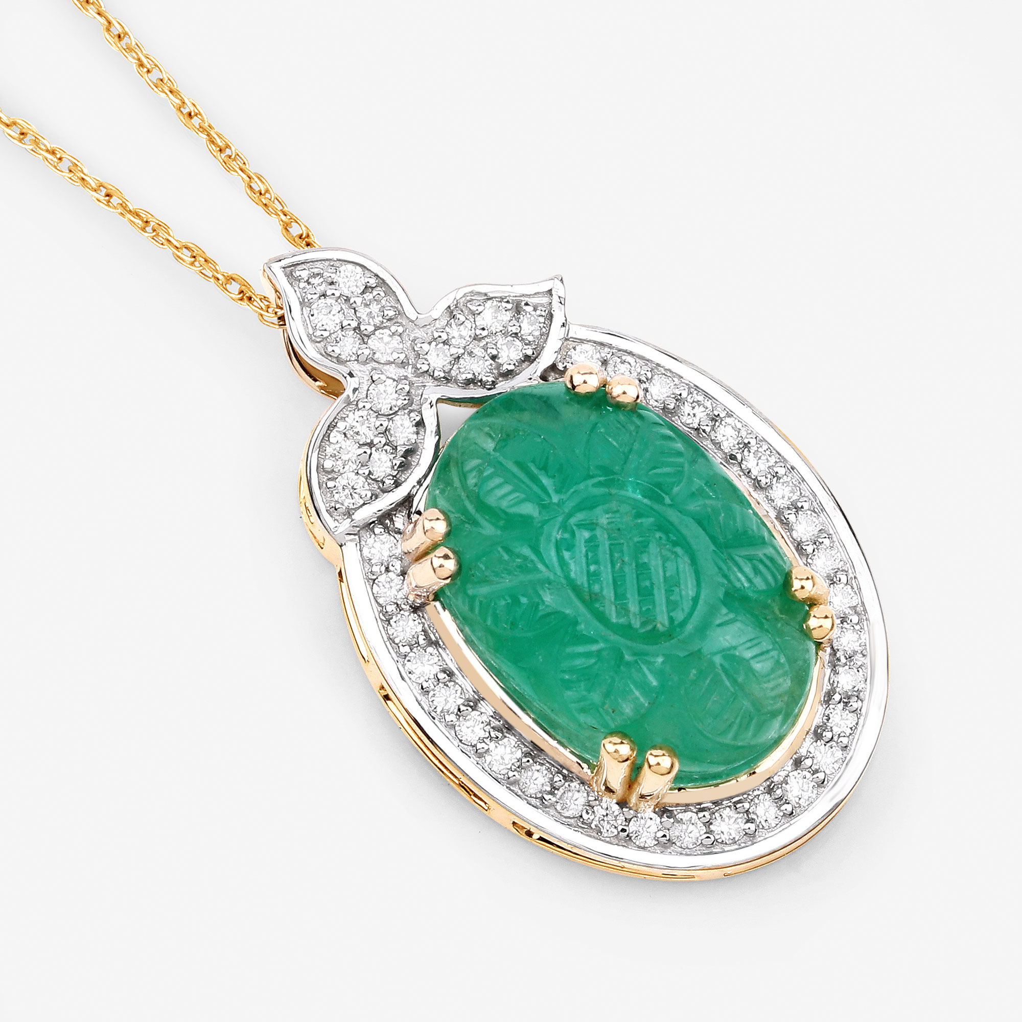 7.08 Carat Genuine Colombian Emerald and White Diamond 14K Yellow Gold Pendant