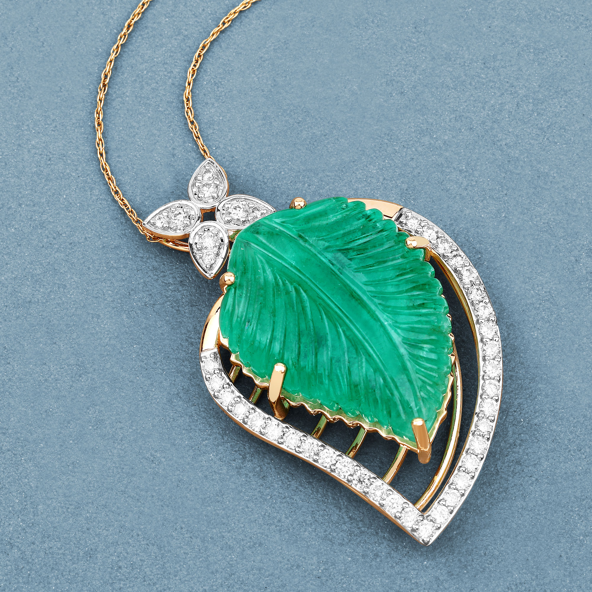 29.67 Carat Genuine Colombian Emerald and White Diamond 14K Yellow Gold Pendant