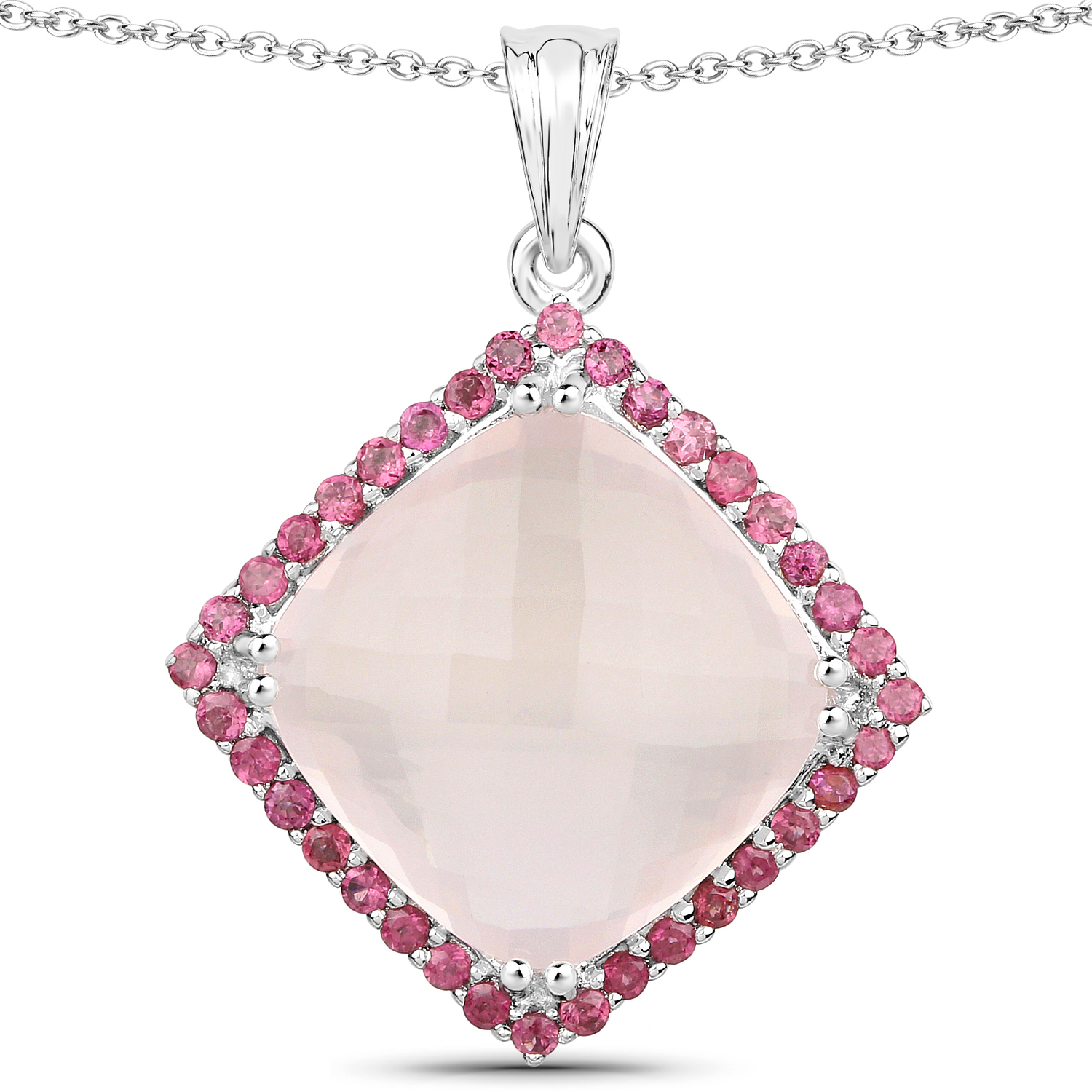 16.64 Carat Genuine Rose Quartz and Rhodolite .925 Sterling Silver Pendant
