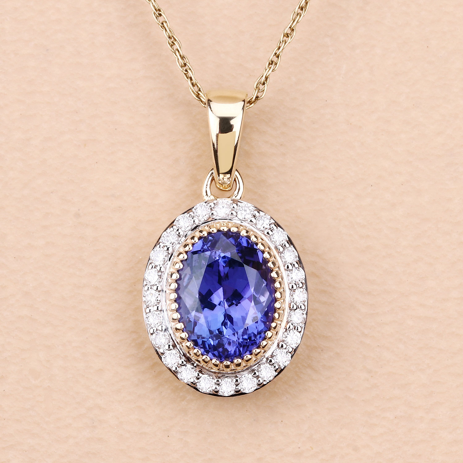 2.13 Carat Genuine Tanzanite and White Diamond 14K Yellow Gold Pendant
