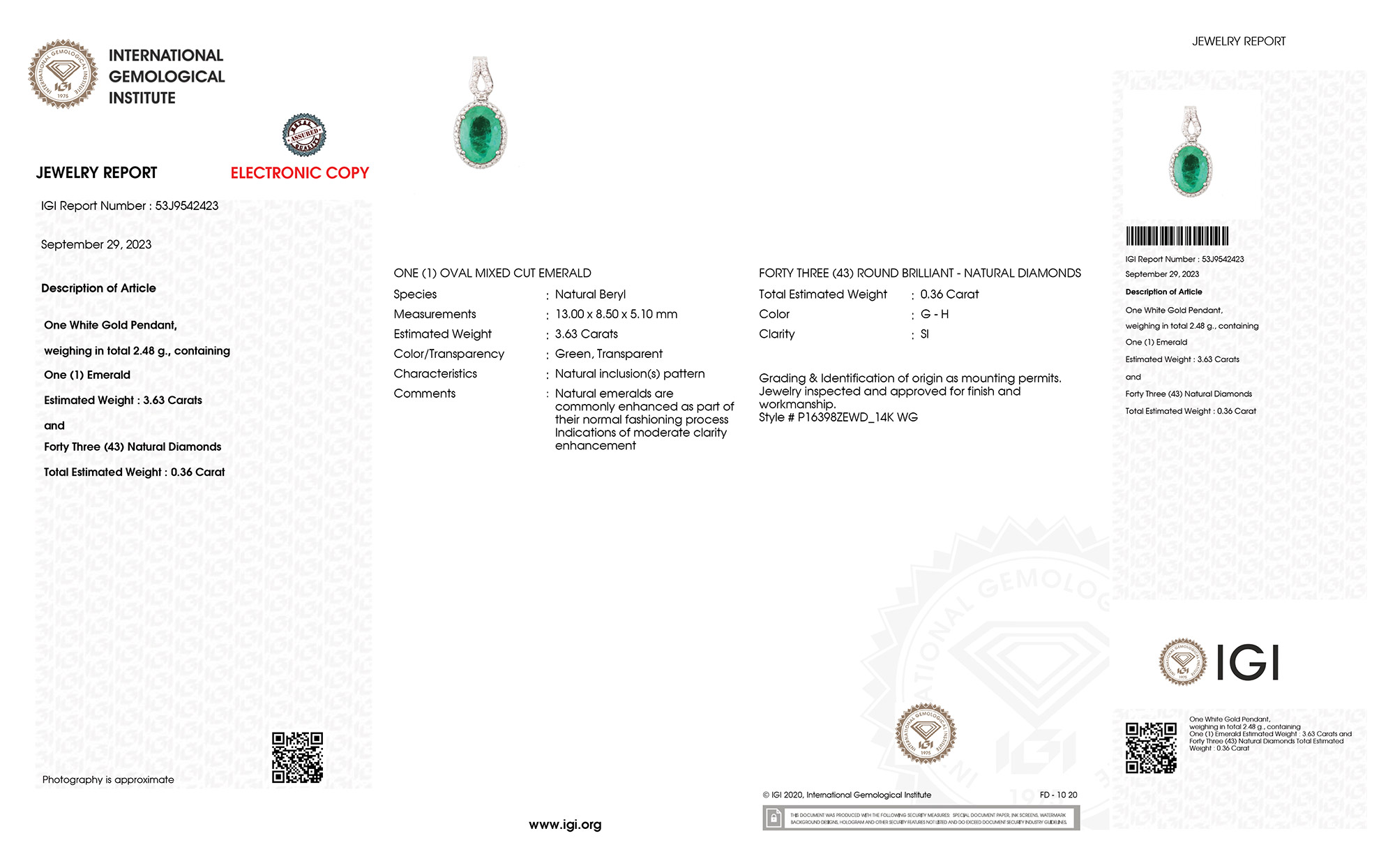 IGI Certified 3.99 Carat Genuine Zambian Emerald and White Diamond 14K White Gold Pendant-International Gemological Institute Diamond Report