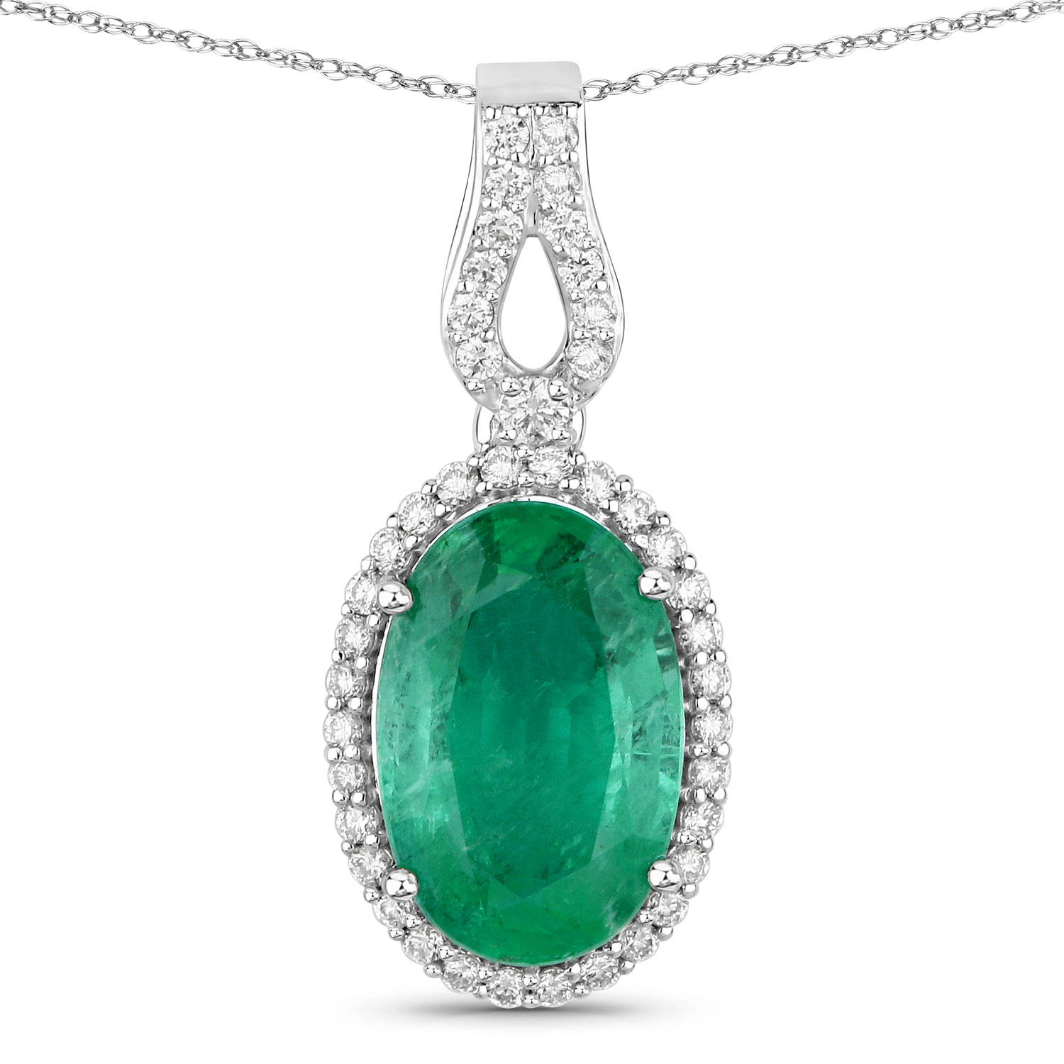 IGI Certified 3.99 Carat Genuine Zambian Emerald and White Diamond 14K White Gold Pendant