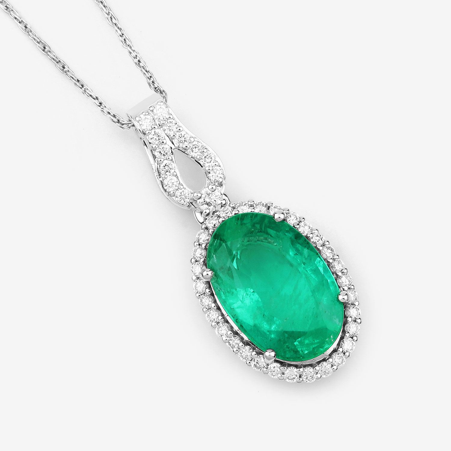 IGI Certified 3.99 Carat Genuine Zambian Emerald and White Diamond 14K White Gold Pendant