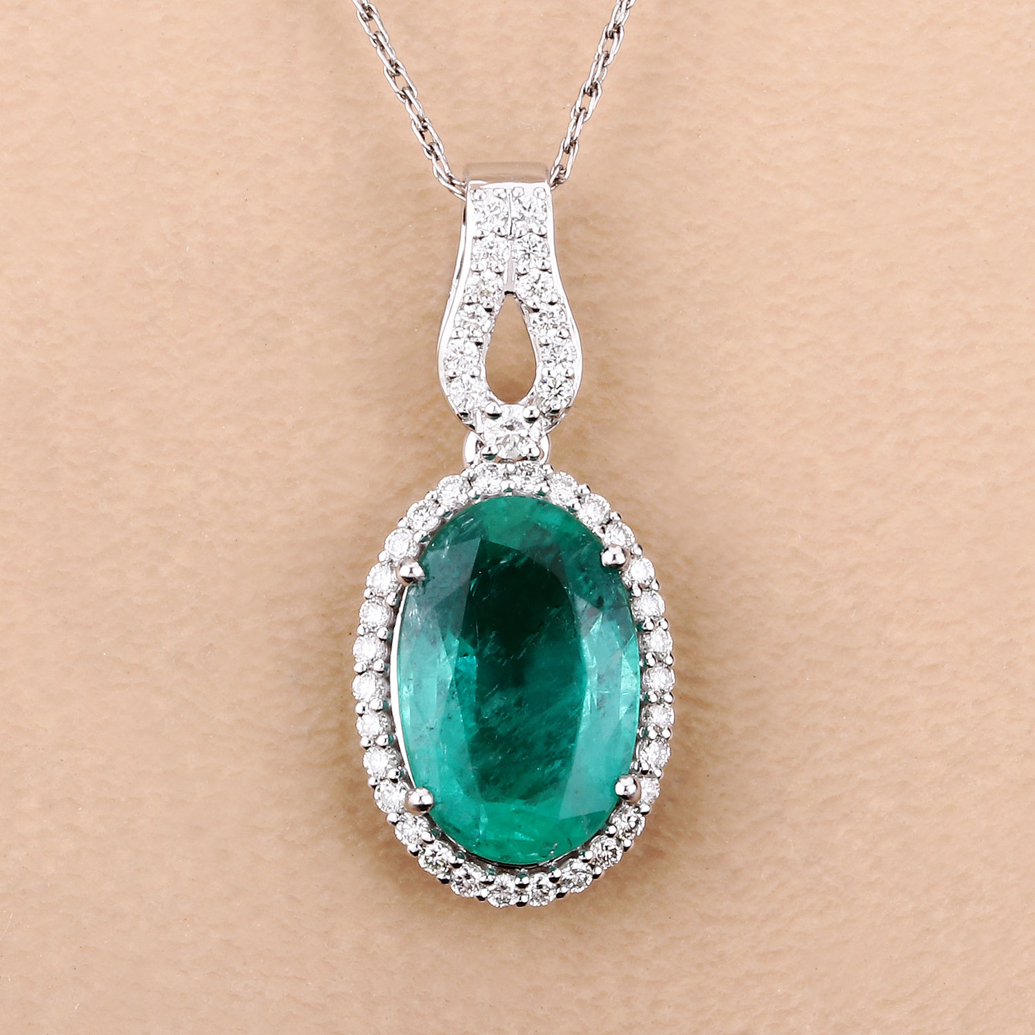 IGI Certified 3.99 Carat Genuine Zambian Emerald and White Diamond 14K White Gold Pendant