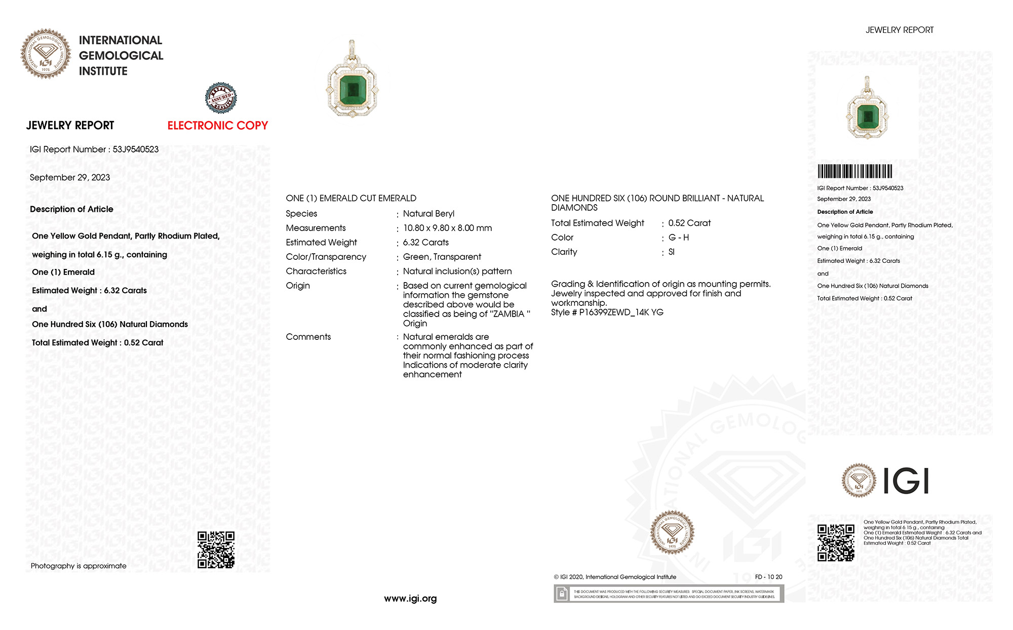 IGI Certified 6.84 Carat Genuine Zambian Emerald and White Diamond 14K Yellow Gold Pendant-International Gemological Institute Diamond Report