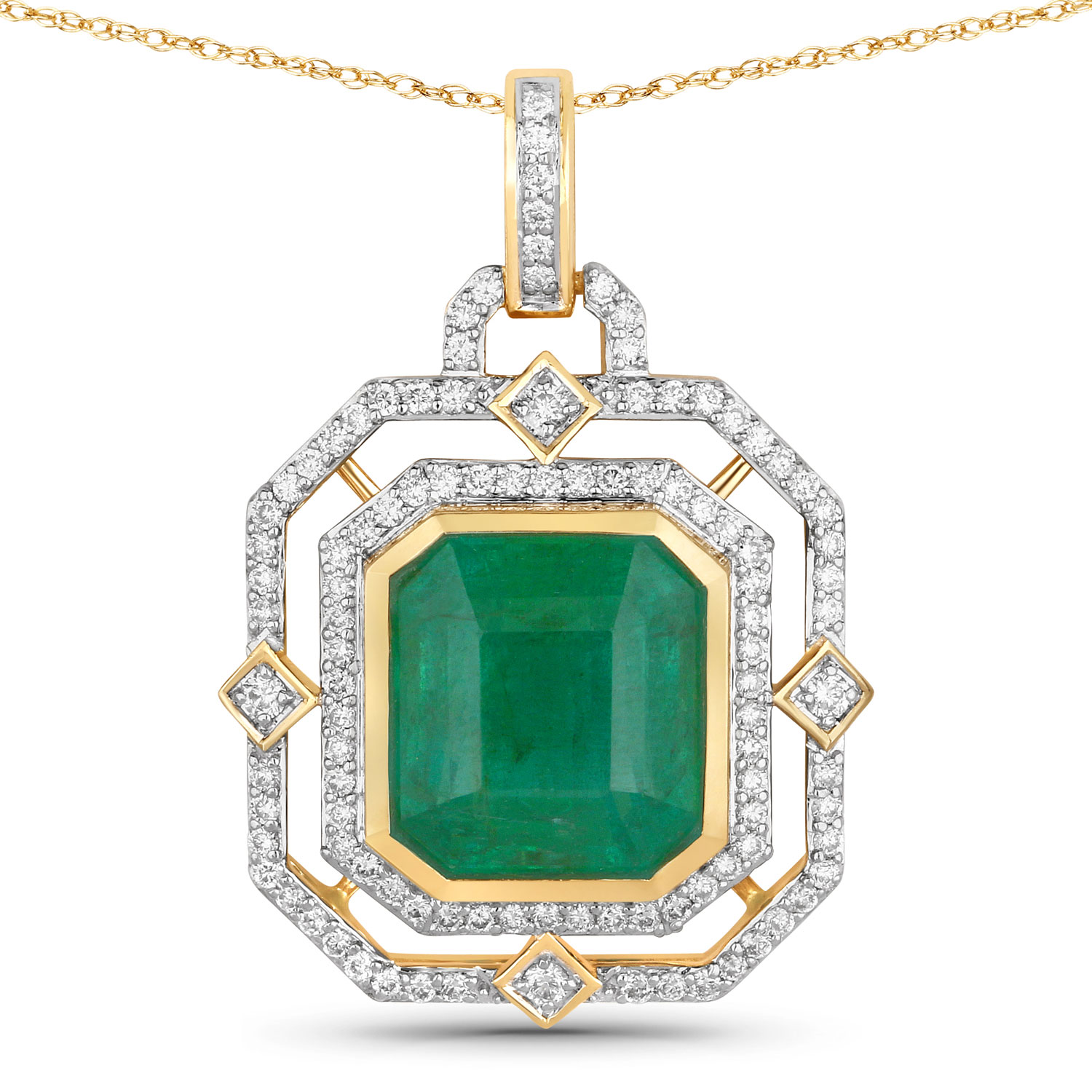 IGI Certified 6.84 Carat Genuine Zambian Emerald and White Diamond 14K Yellow Gold Pendant