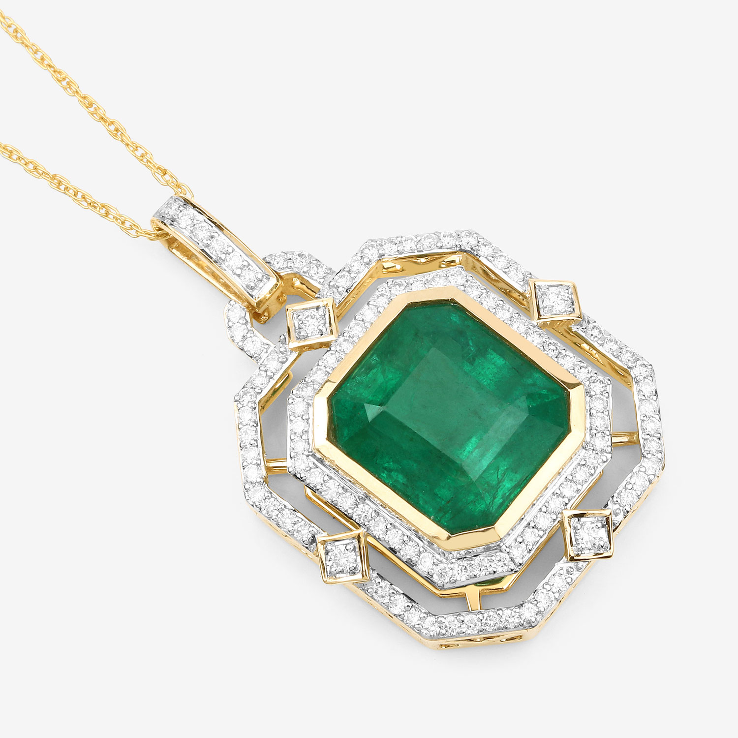 IGI Certified 6.84 Carat Genuine Zambian Emerald and White Diamond 14K Yellow Gold Pendant