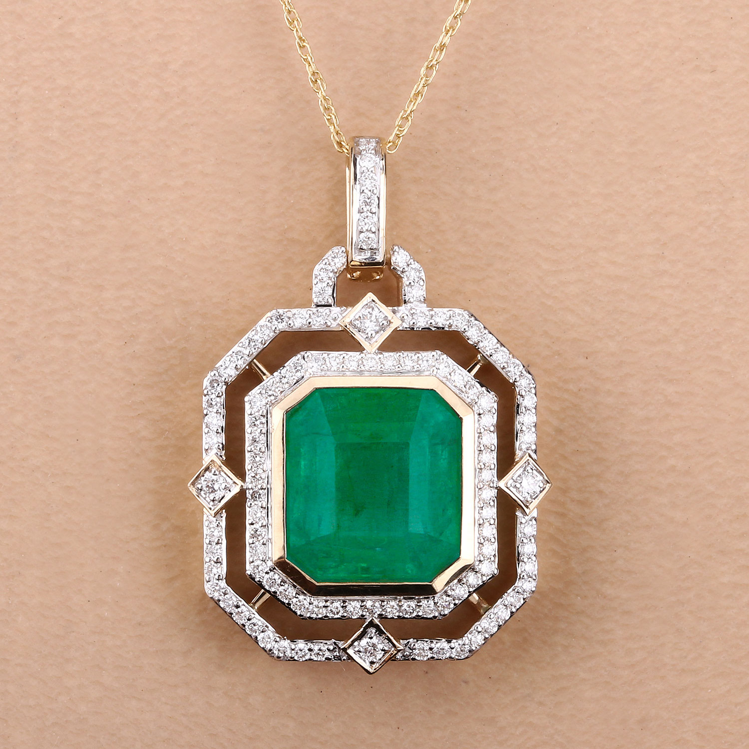 IGI Certified 6.84 Carat Genuine Zambian Emerald and White Diamond 14K Yellow Gold Pendant