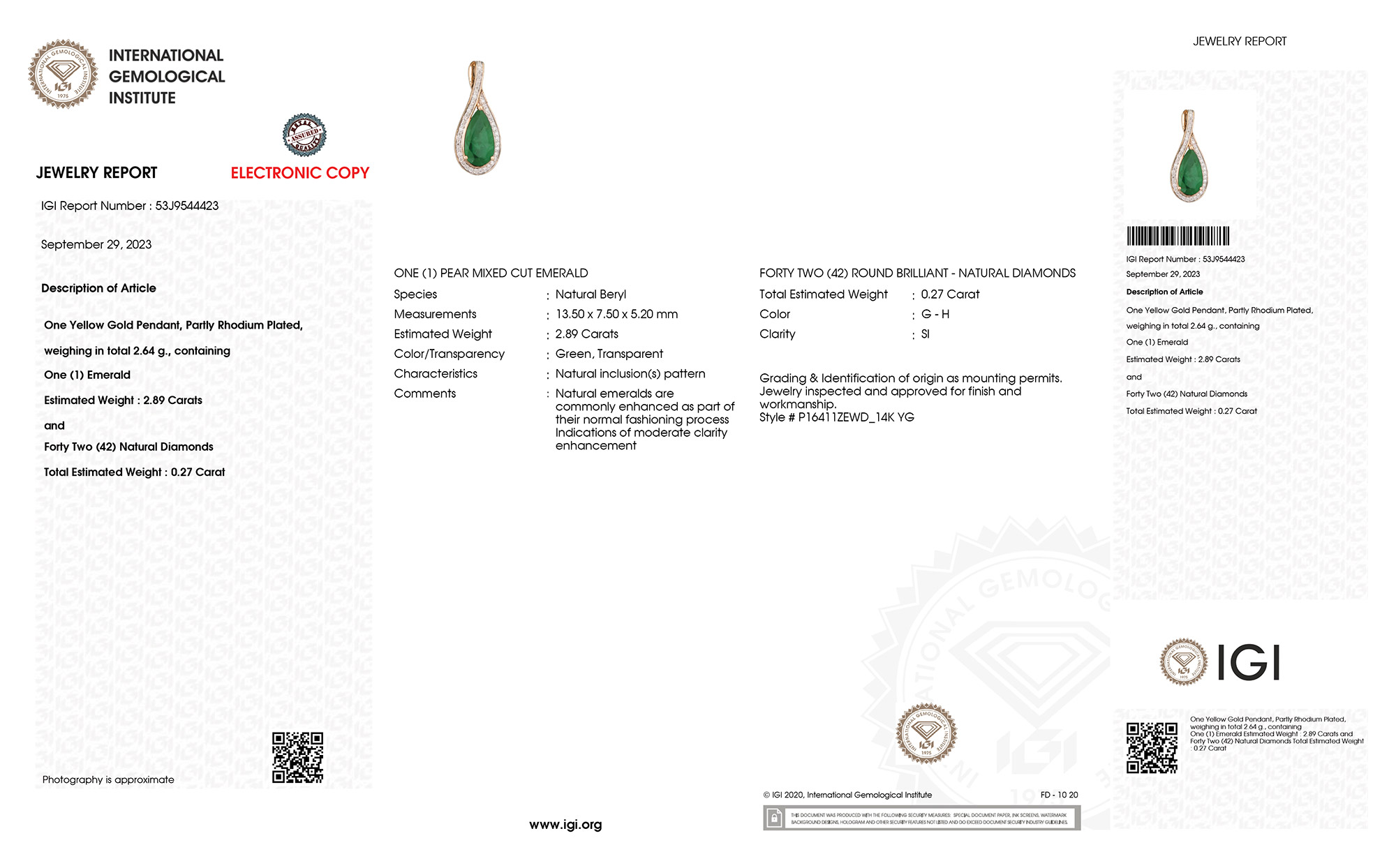IGI Certified 3.16 Carat Genuine Zambian Emerald and White Diamond 14K Yellow Gold Pendant-International Gemological Institute Diamond Report