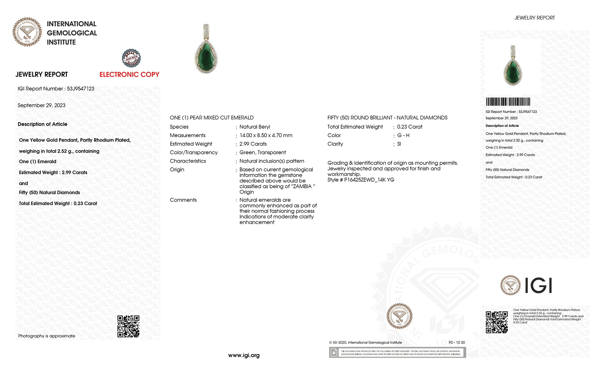 IGI Certified 3.22 Carat Genuine Zambian Emerald and White Diamond 14K Yellow Gold Pendant-International Gemological Institute Diamond Report