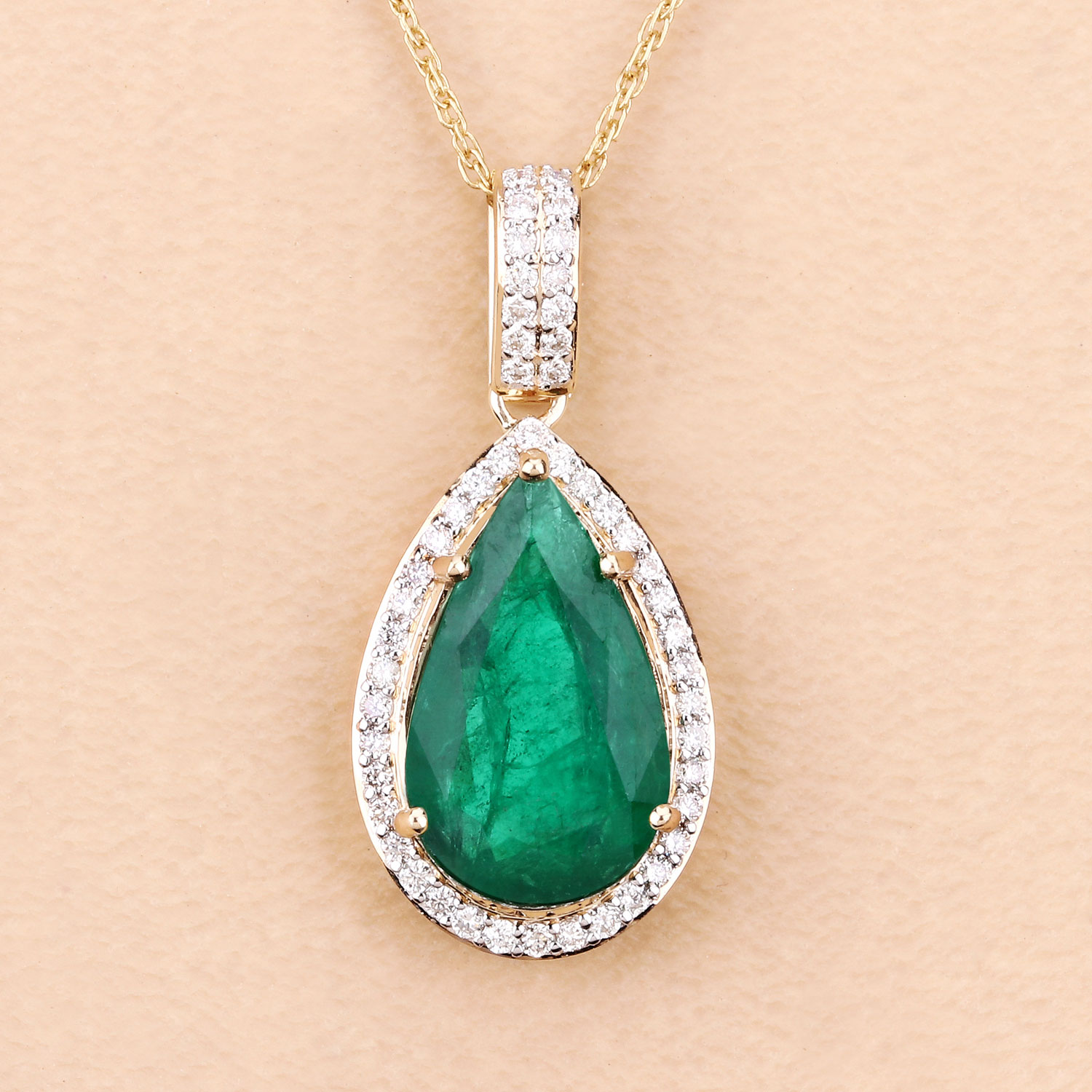 IGI Certified 3.22 Carat Genuine Zambian Emerald and White Diamond 14K Yellow Gold Pendant